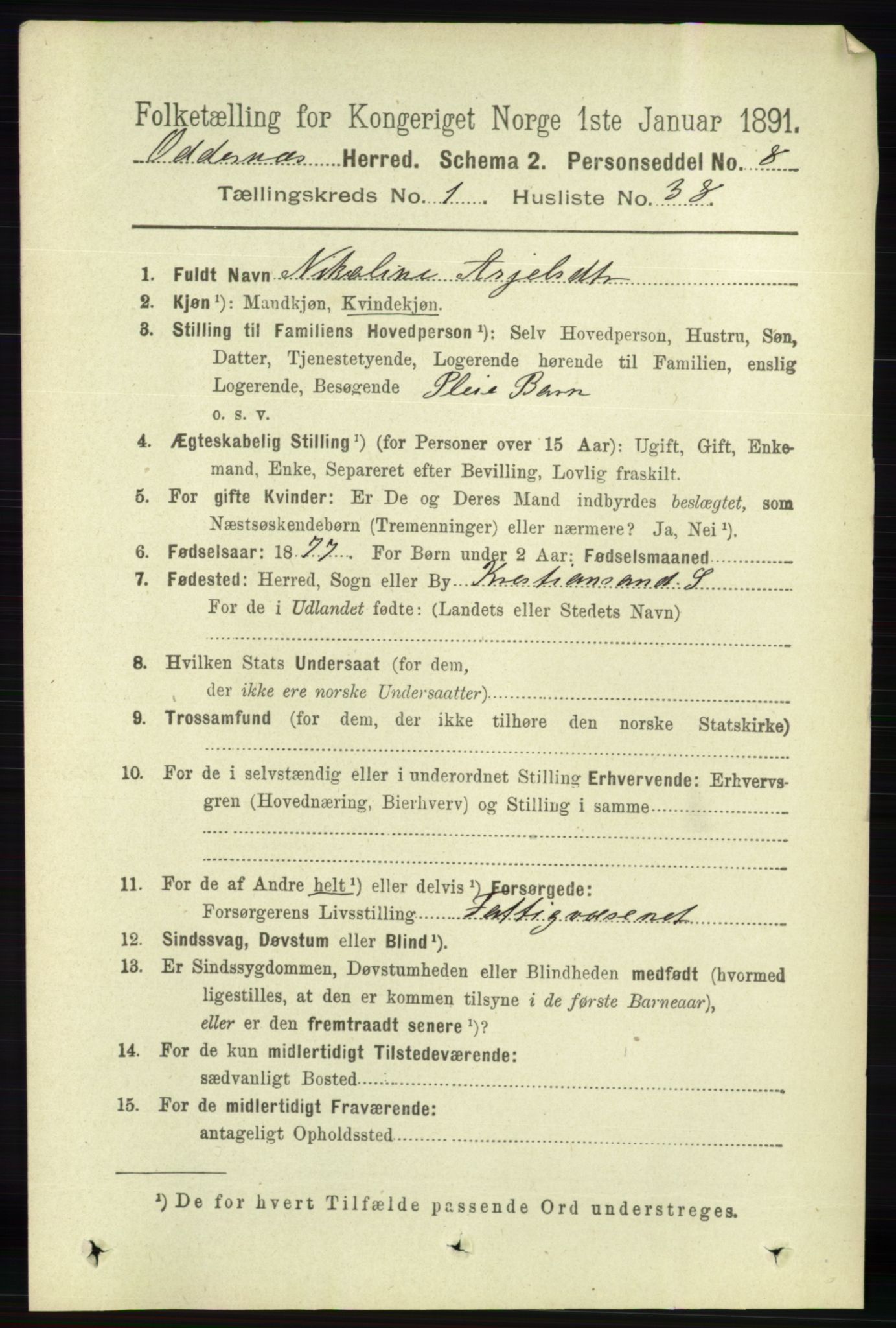 RA, 1891 census for 1012 Oddernes, 1891, p. 322