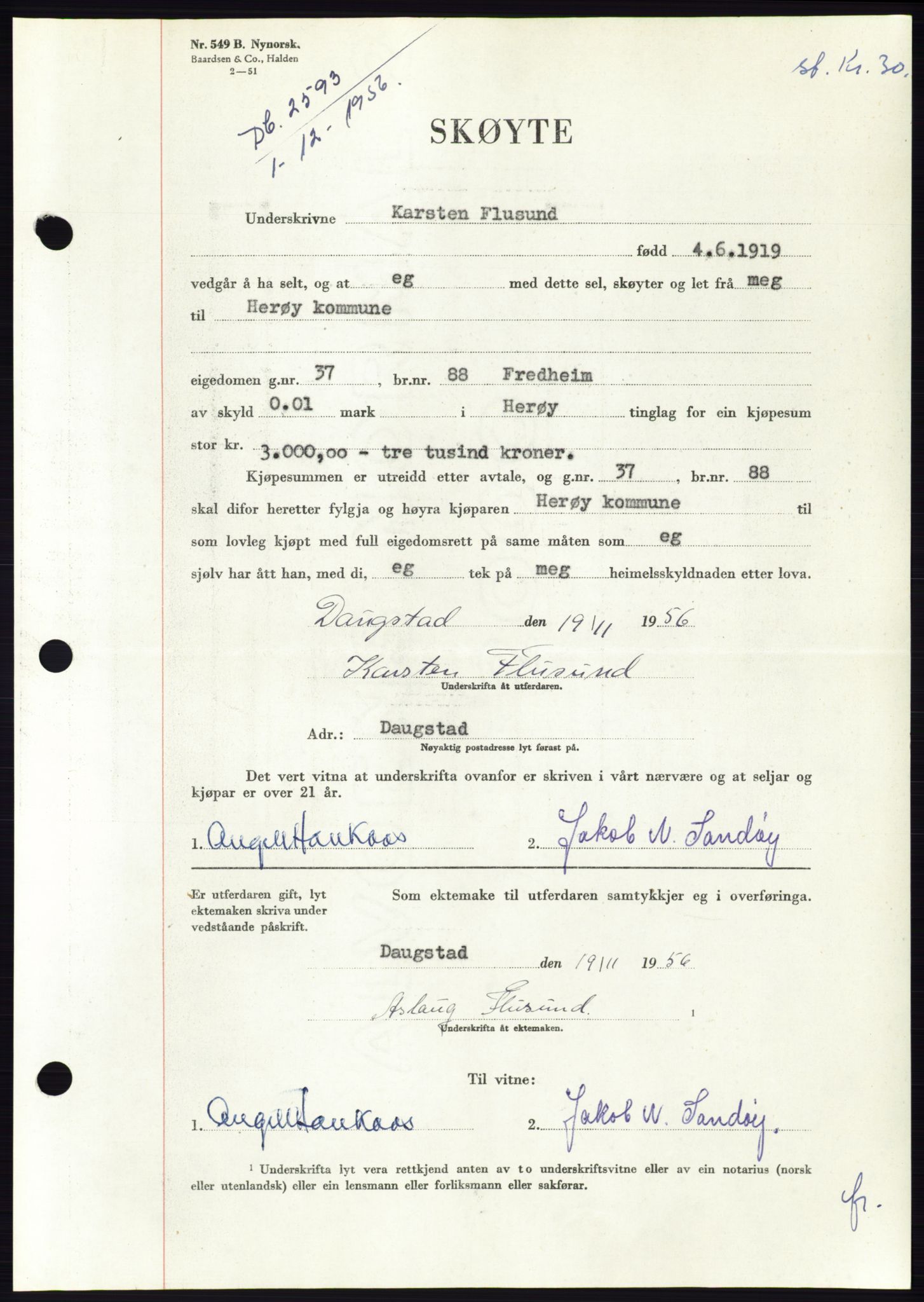 Søre Sunnmøre sorenskriveri, AV/SAT-A-4122/1/2/2C/L0105: Mortgage book no. 31A, 1956-1957, Diary no: : 2593/1956