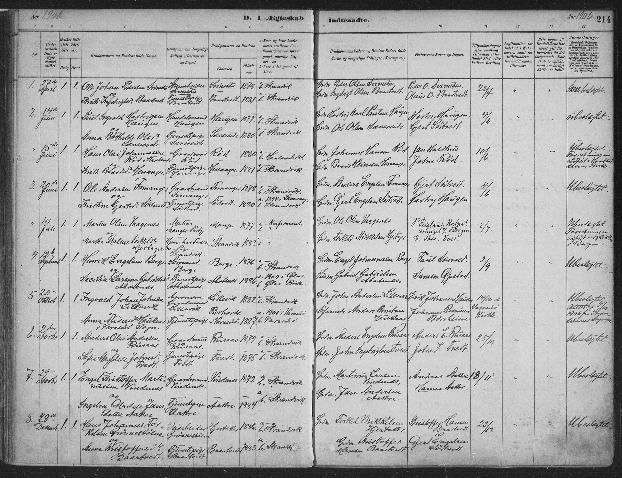 Fusa sokneprestembete, AV/SAB-A-75401/H/Haa: Parish register (official) no. D 1, 1880-1938, p. 214