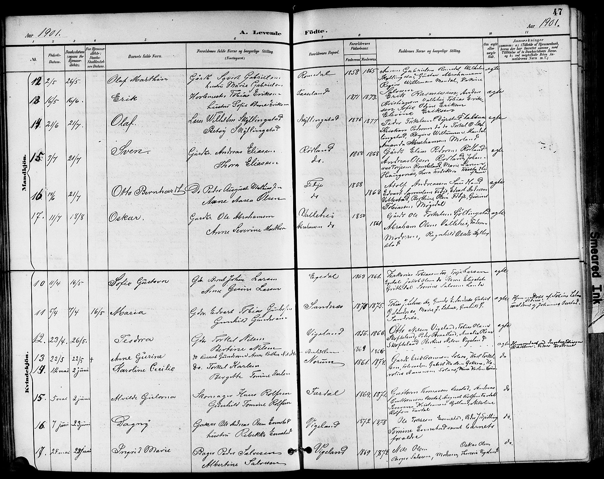 Sør-Audnedal sokneprestkontor, AV/SAK-1111-0039/F/Fb/Fbb/L0006: Parish register (copy) no. B 6, 1893-1915, p. 47