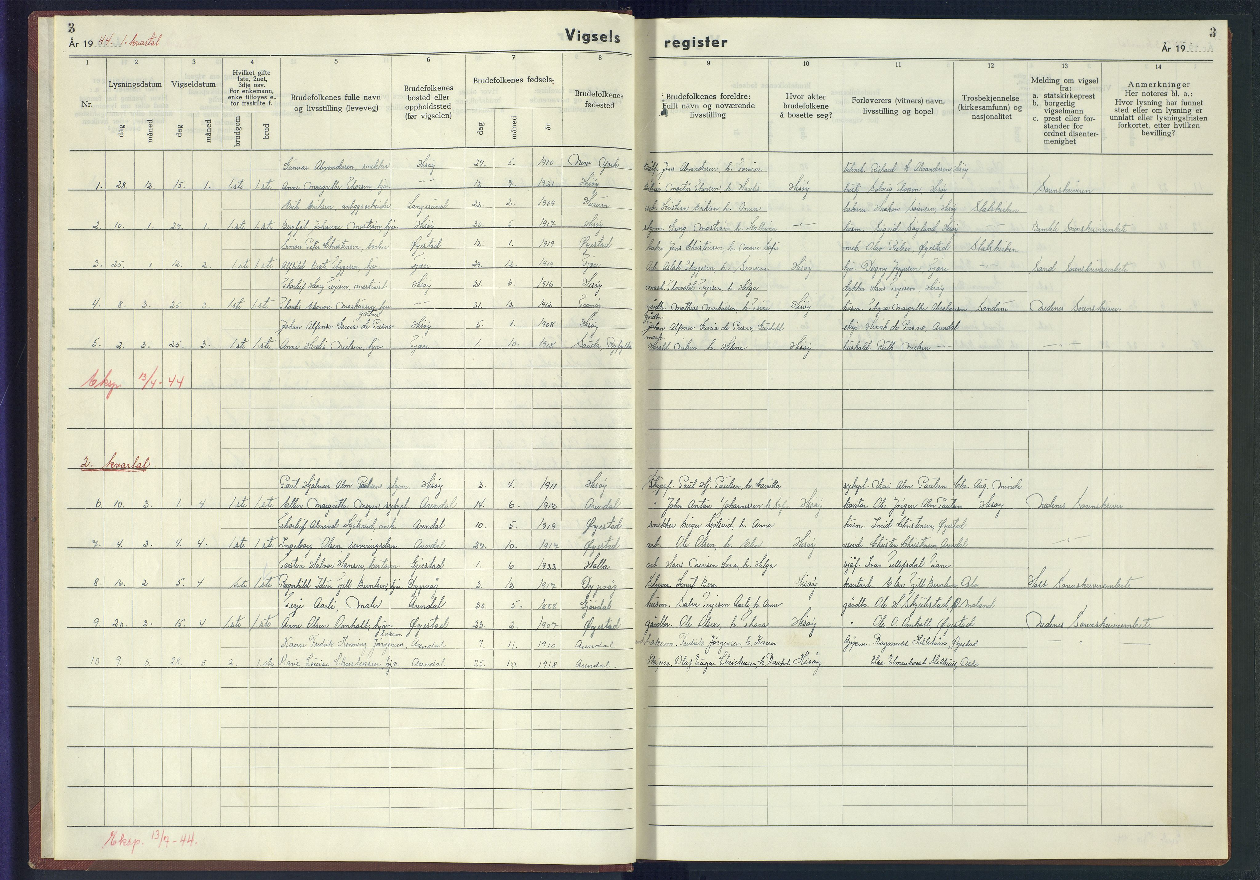 Hisøy sokneprestkontor, AV/SAK-1111-0020/J/Jb/L0002: Marriage register no. A-VI-5, 1943-1945, p. 3