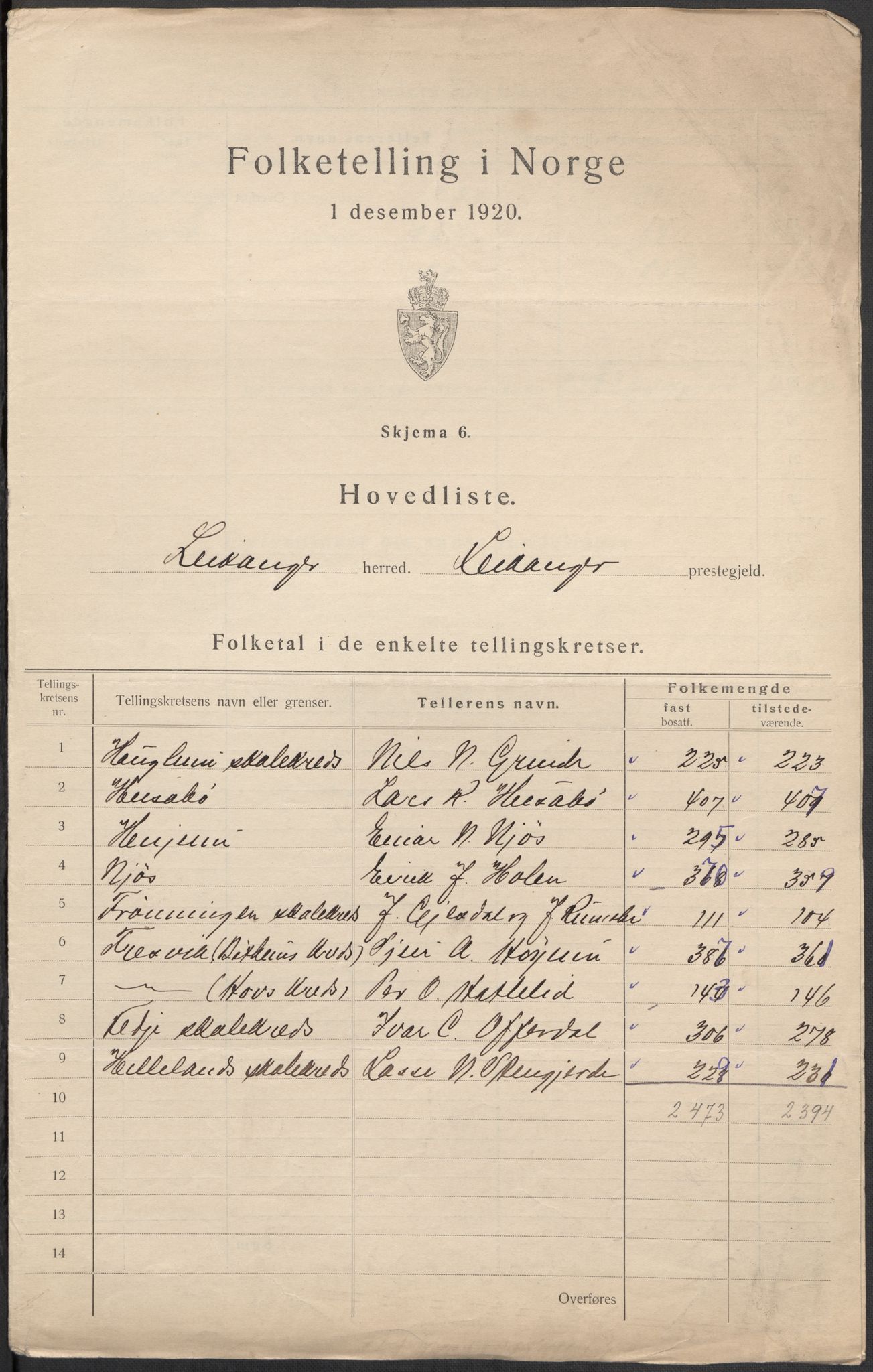 SAB, 1920 census for Leikanger, 1920, p. 4