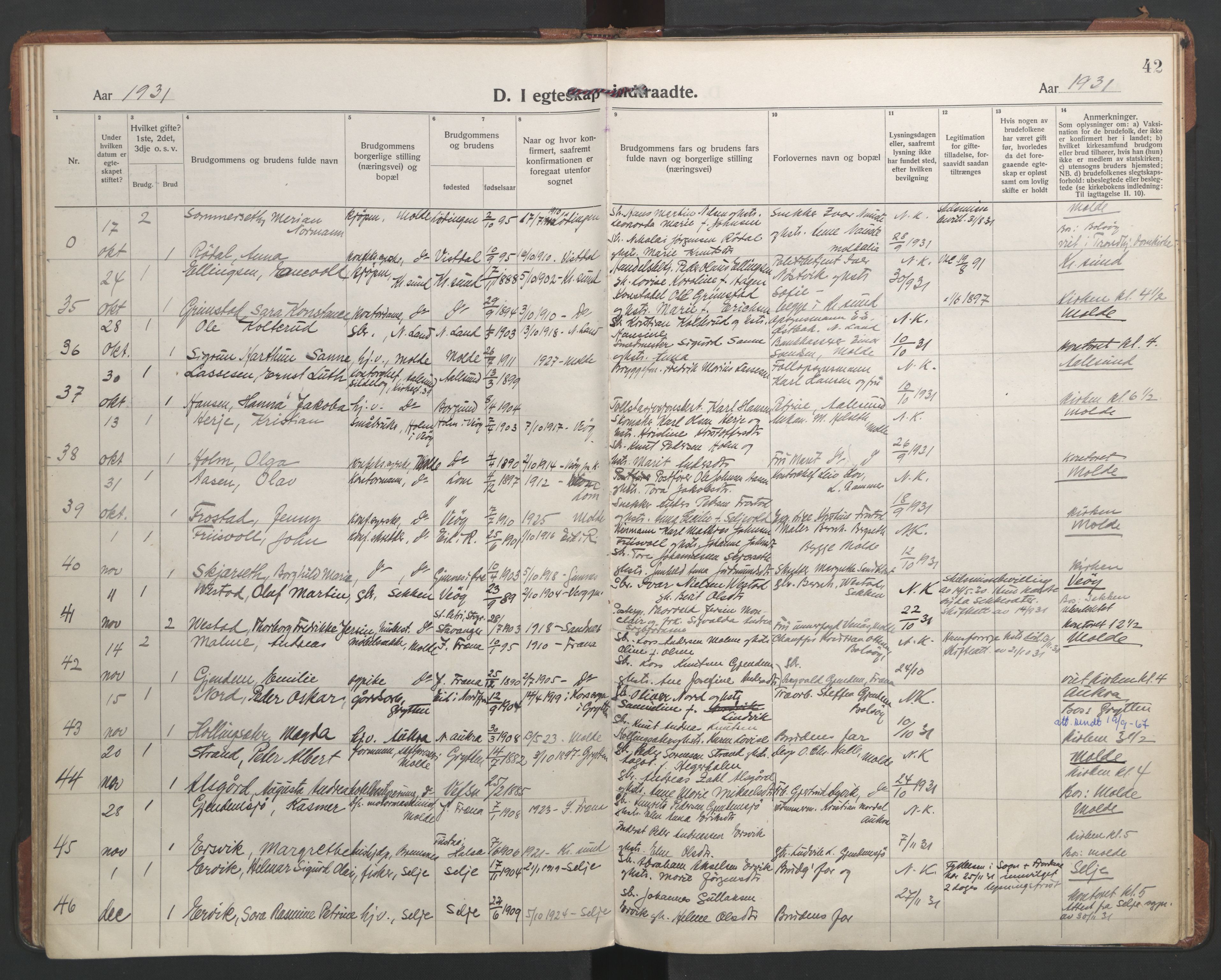 Ministerialprotokoller, klokkerbøker og fødselsregistre - Møre og Romsdal, AV/SAT-A-1454/558/L0698: Parish register (official) no. 558A12, 1922-1937, p. 42