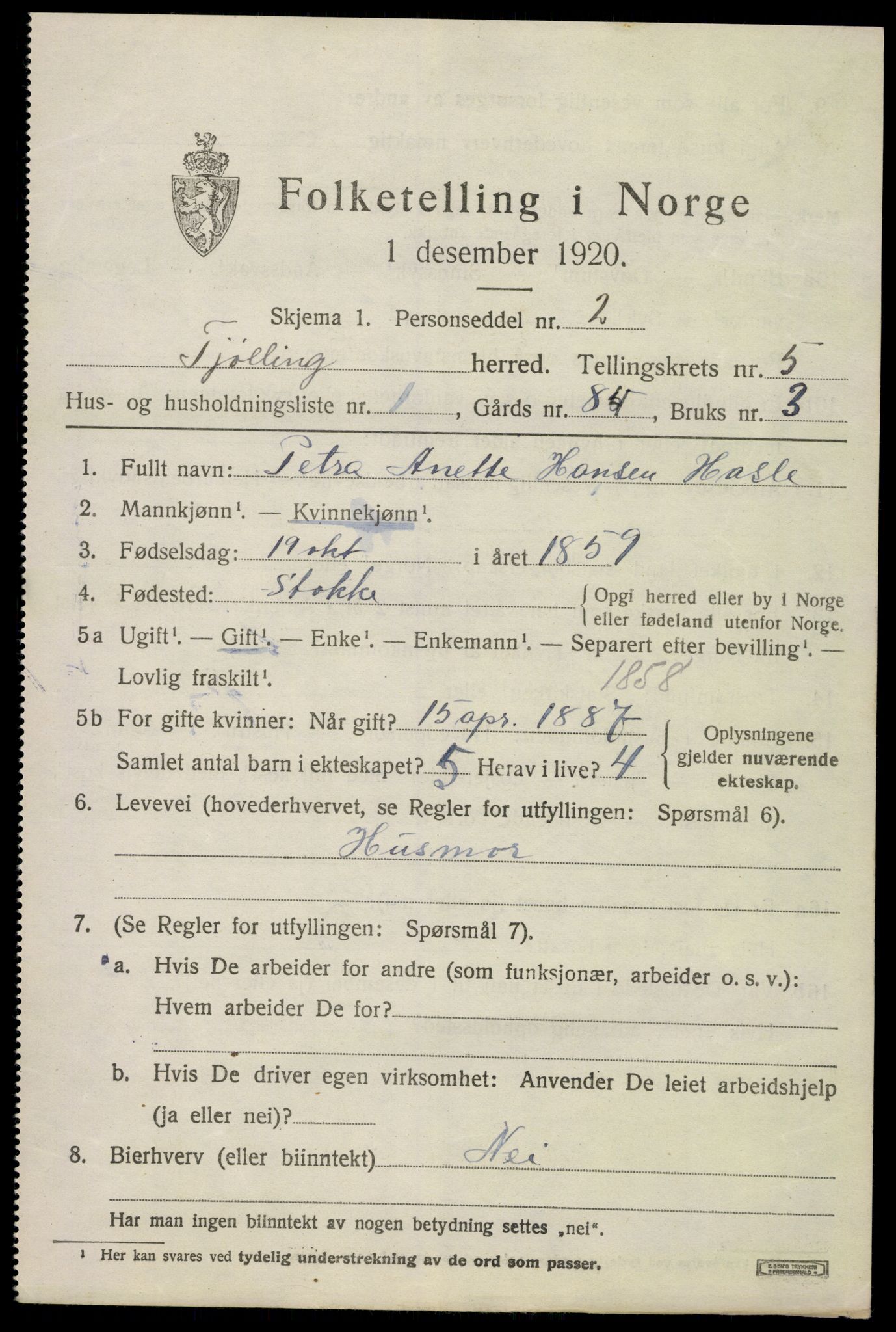 SAKO, 1920 census for Tjølling, 1920, p. 8169