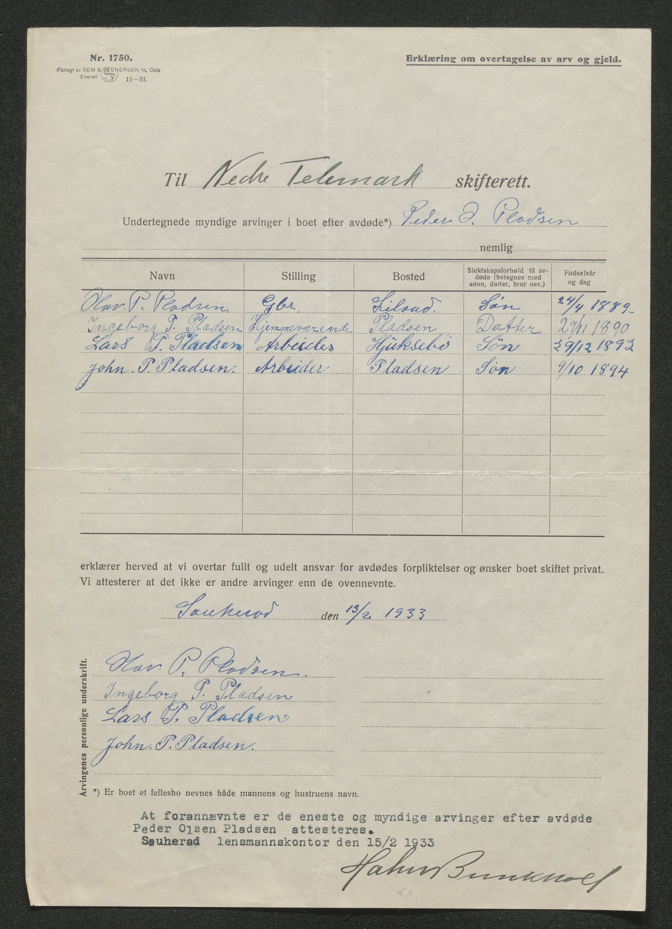 Nedre Telemark sorenskriveri, SAKO/A-135/H/Ha/Hab/L0008: Dødsfallsfortegnelser
, 1931-1935, p. 754