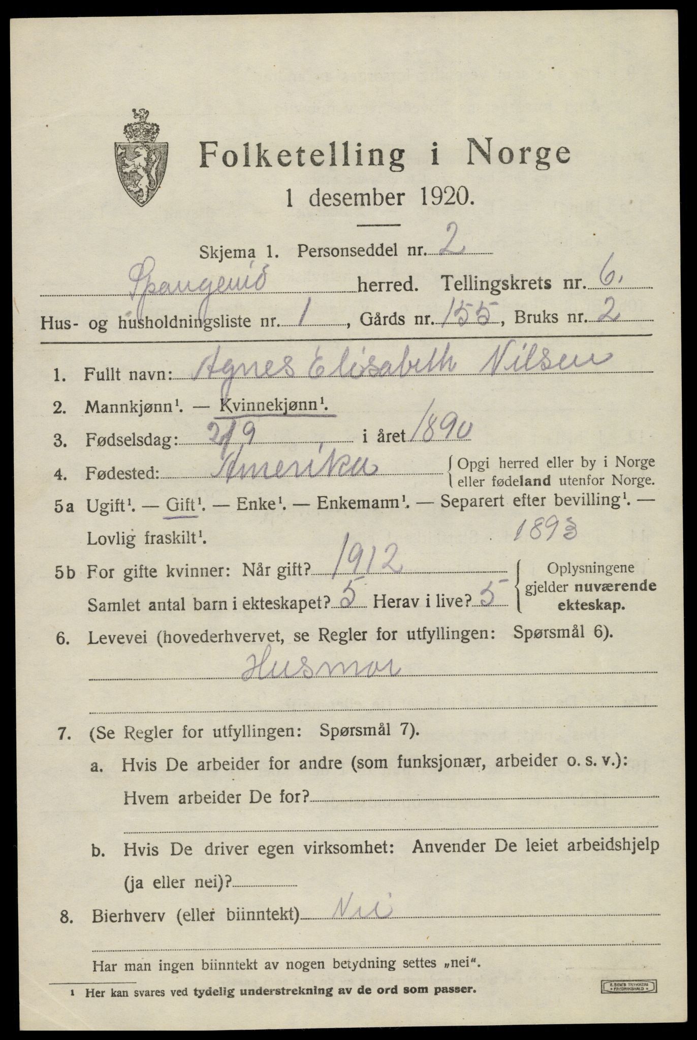 SAK, 1920 census for Spangereid, 1920, p. 2207