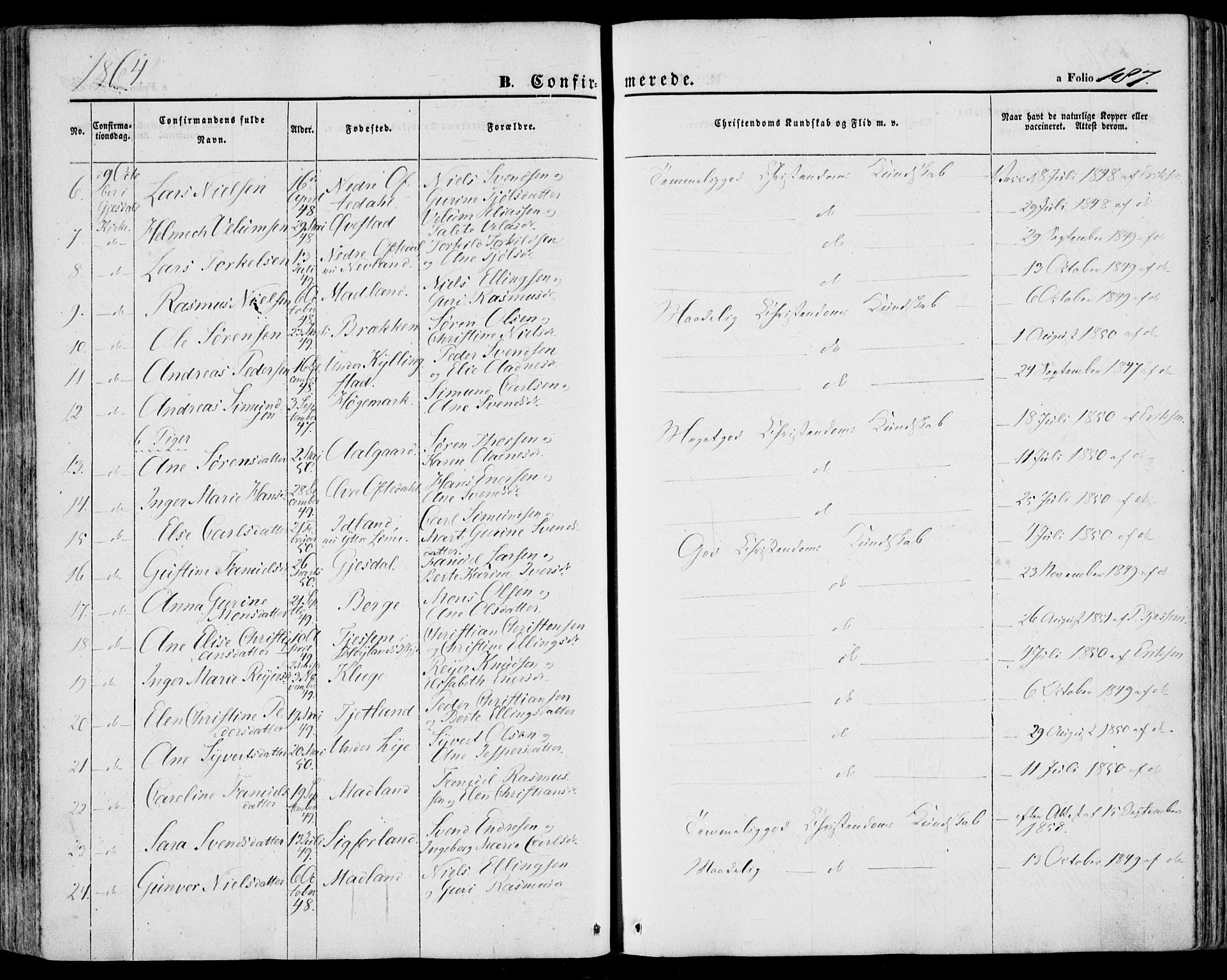 Lye sokneprestkontor, SAST/A-101794/001/30BA/L0007: Parish register (official) no. A 6, 1856-1871, p. 187