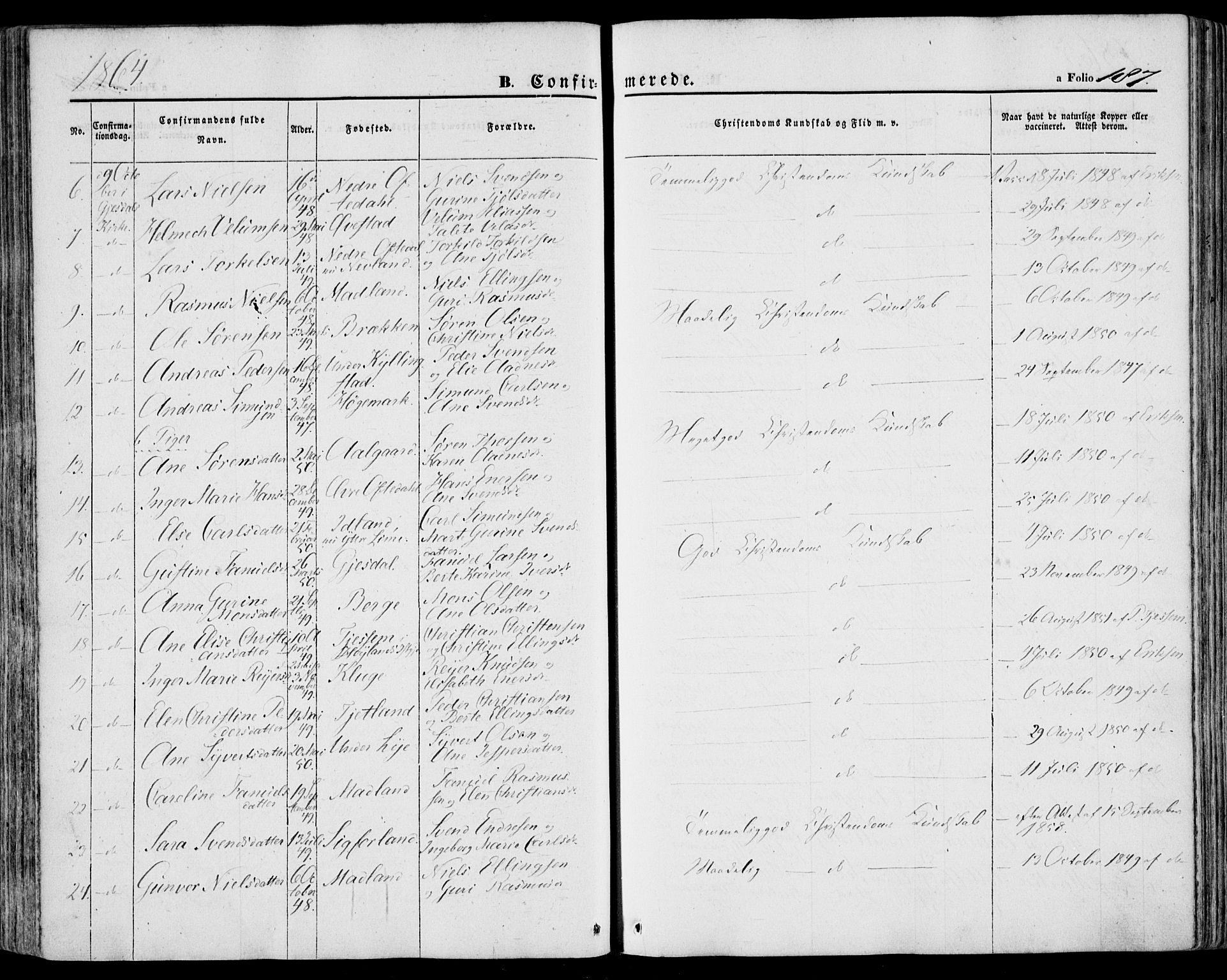 Lye sokneprestkontor, AV/SAST-A-101794/001/30BA/L0007: Parish register (official) no. A 6, 1856-1871, p. 187