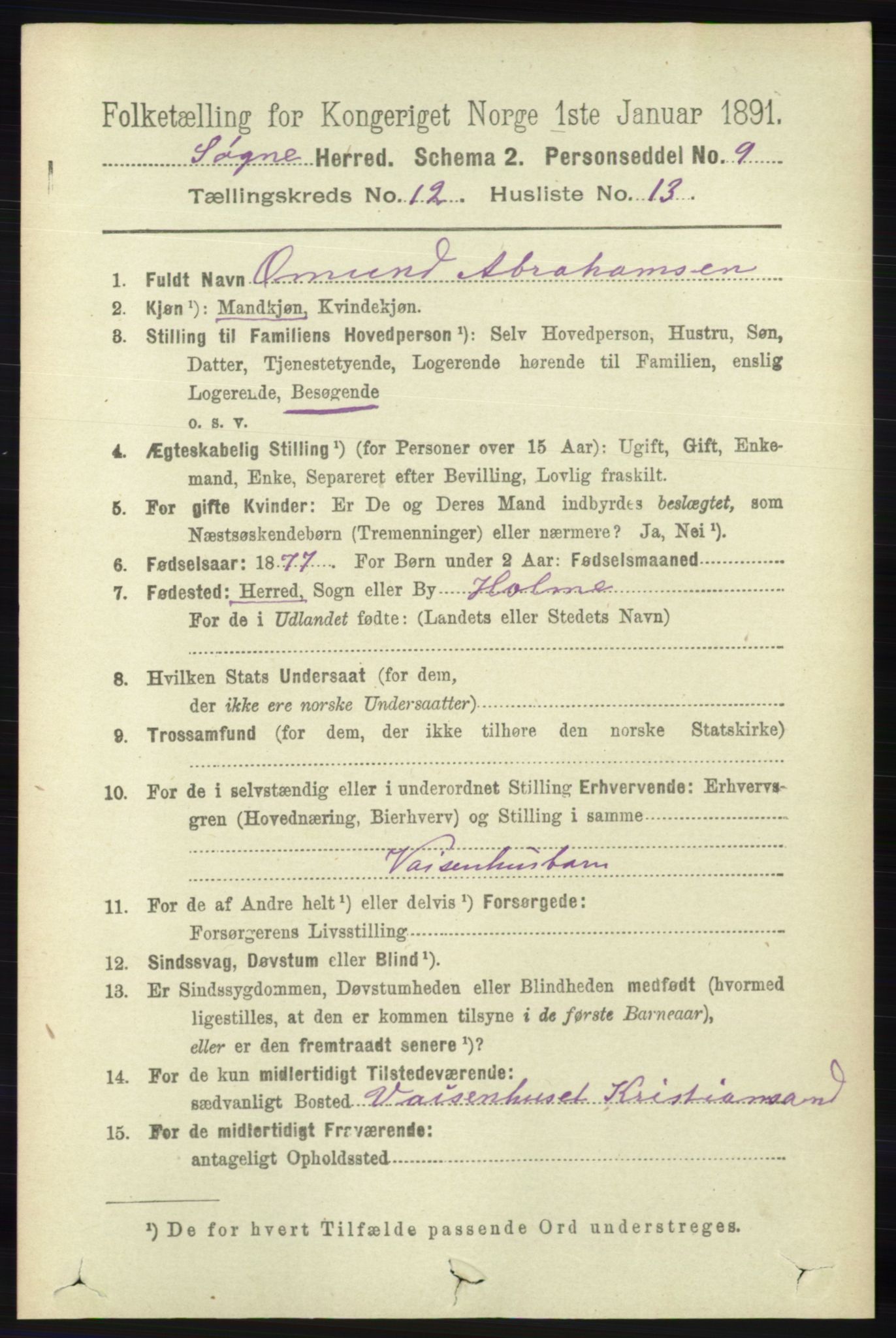 RA, 1891 census for 1018 Søgne, 1891, p. 3181