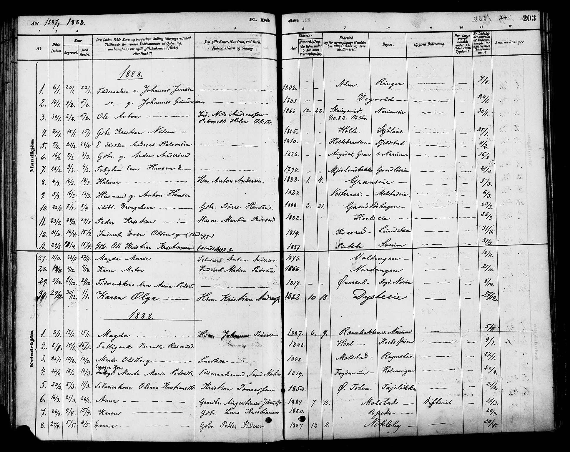 Vestre Toten prestekontor, SAH/PREST-108/H/Ha/Haa/L0010: Parish register (official) no. 10, 1878-1894, p. 203