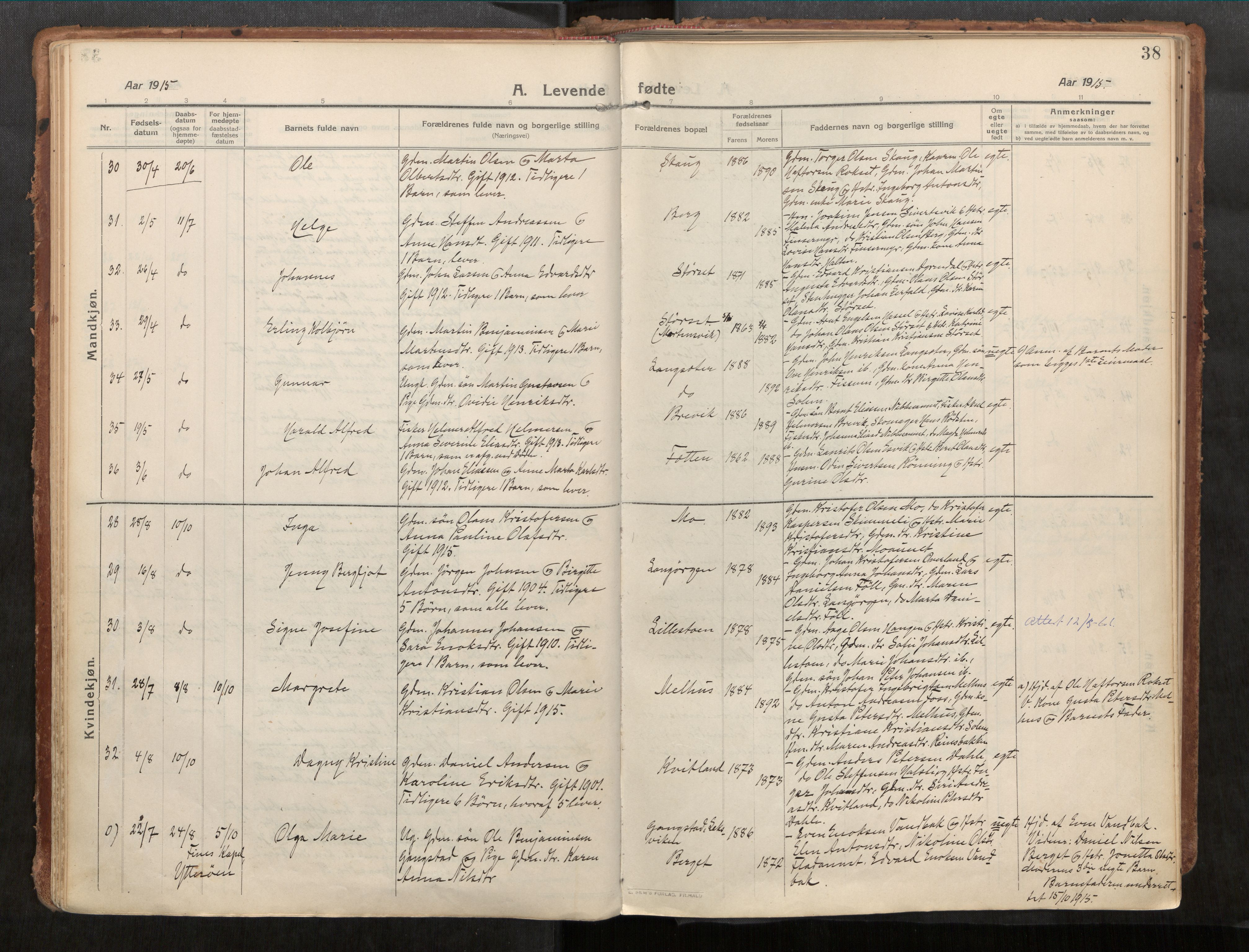 Stadsbygd sokneprestkontor, AV/SAT-A-1117/1/I/I1/I1a/L0001: Parish register (official) no. 1, 1911-1929, p. 38