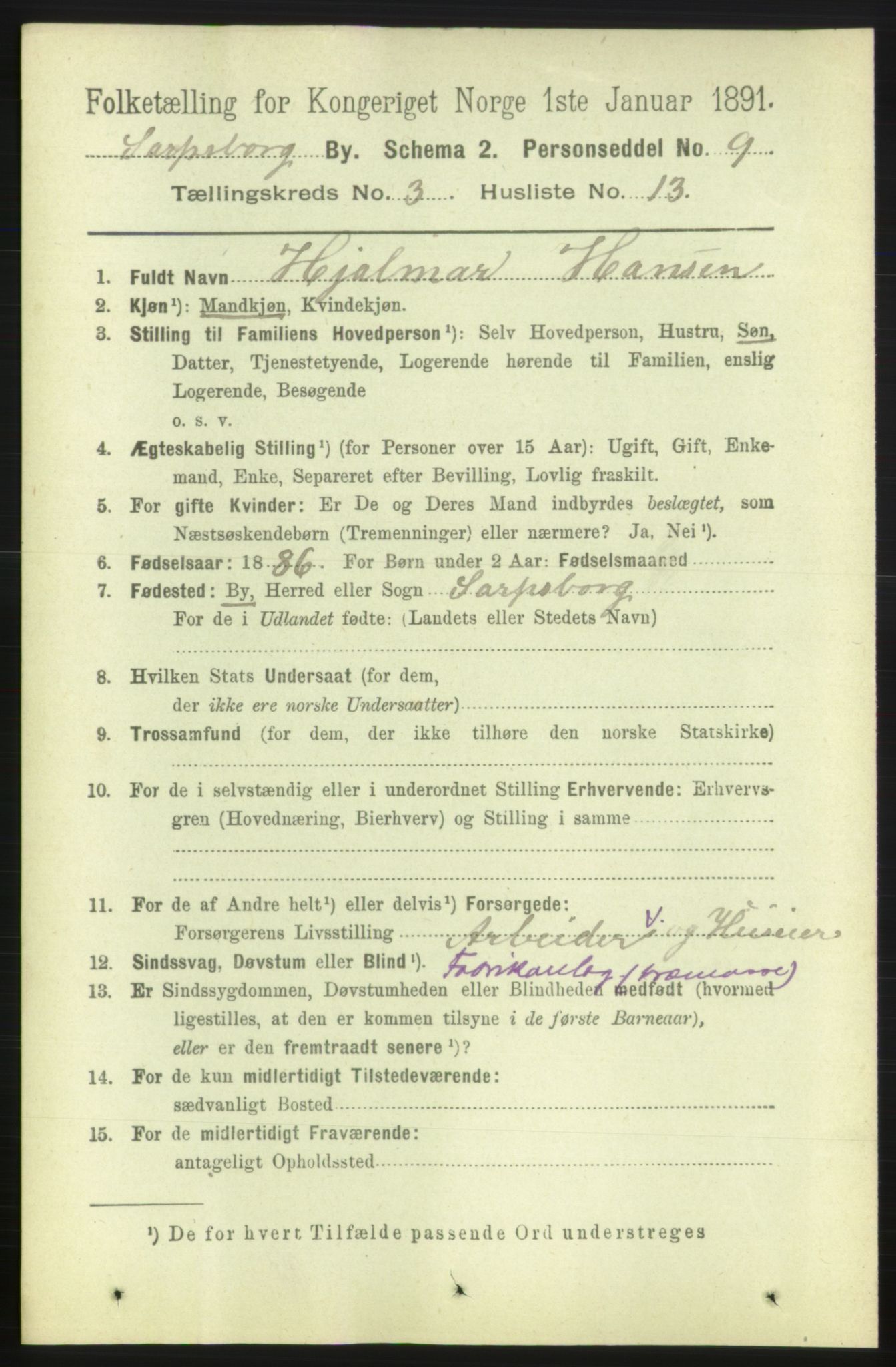 RA, 1891 census for 0102 Sarpsborg, 1891, p. 2582