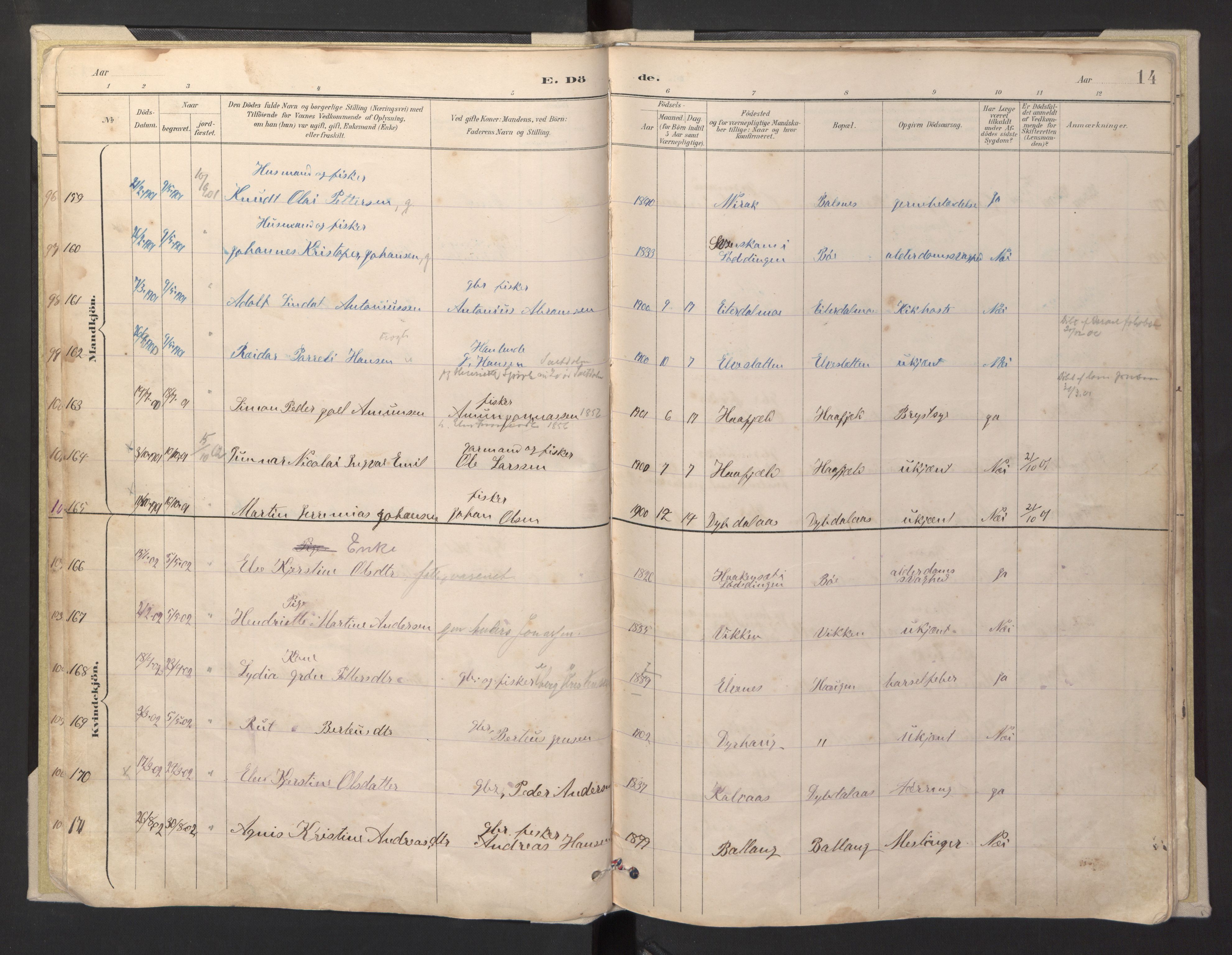 Ministerialprotokoller, klokkerbøker og fødselsregistre - Nordland, AV/SAT-A-1459/869/L0980: Parish register (copy) no. 869C06, 1889-1925, p. 14