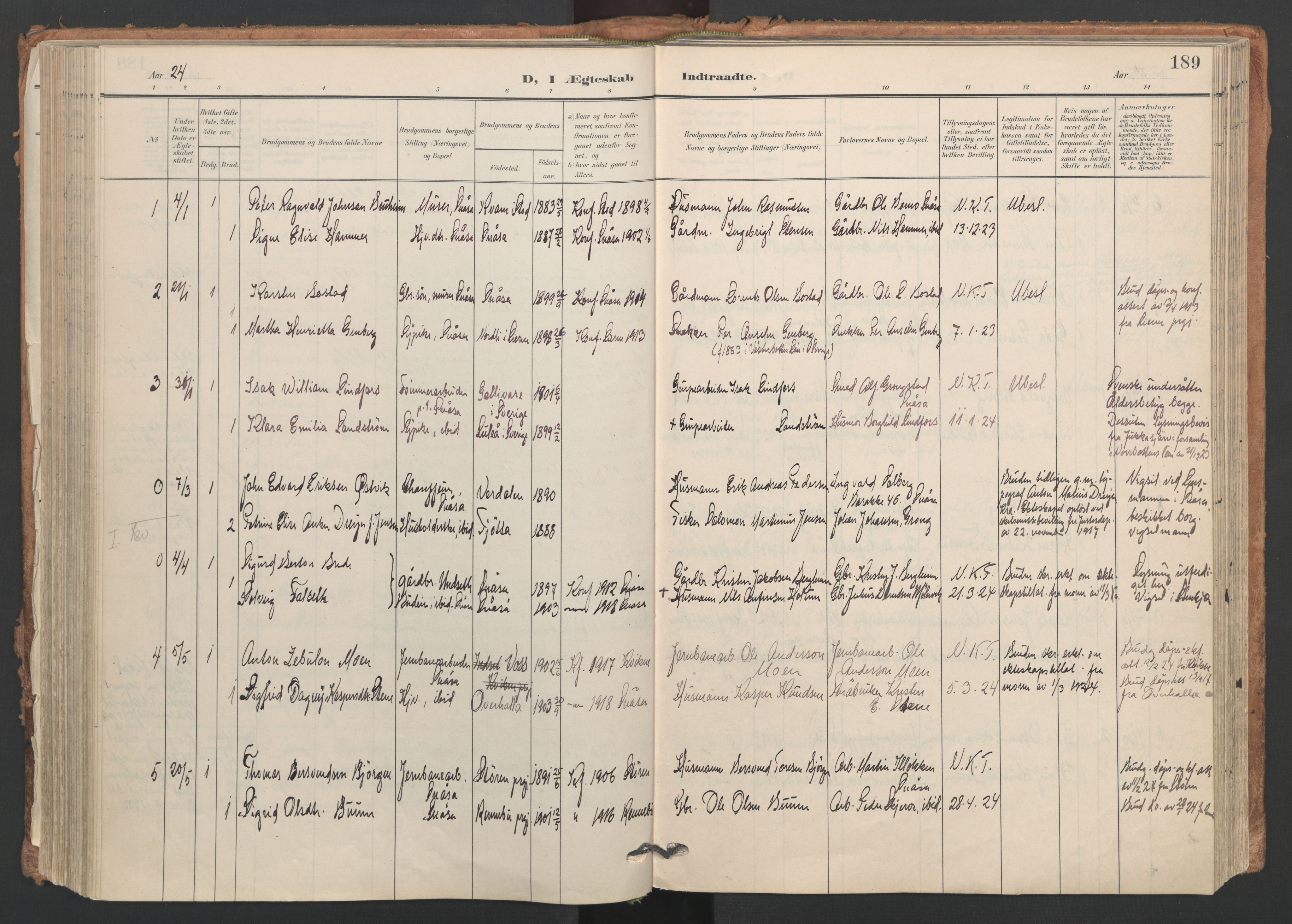 Ministerialprotokoller, klokkerbøker og fødselsregistre - Nord-Trøndelag, AV/SAT-A-1458/749/L0477: Parish register (official) no. 749A11, 1902-1927, p. 189
