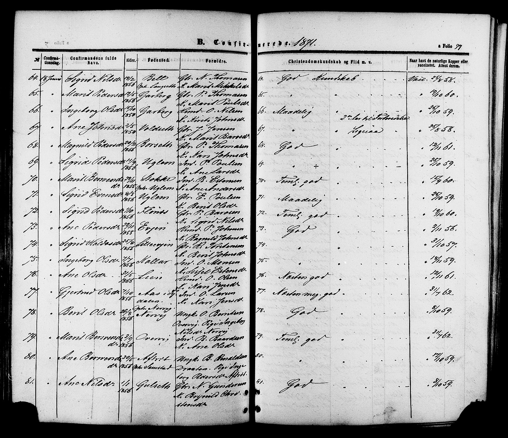 Ministerialprotokoller, klokkerbøker og fødselsregistre - Sør-Trøndelag, AV/SAT-A-1456/695/L1147: Parish register (official) no. 695A07, 1860-1877, p. 57