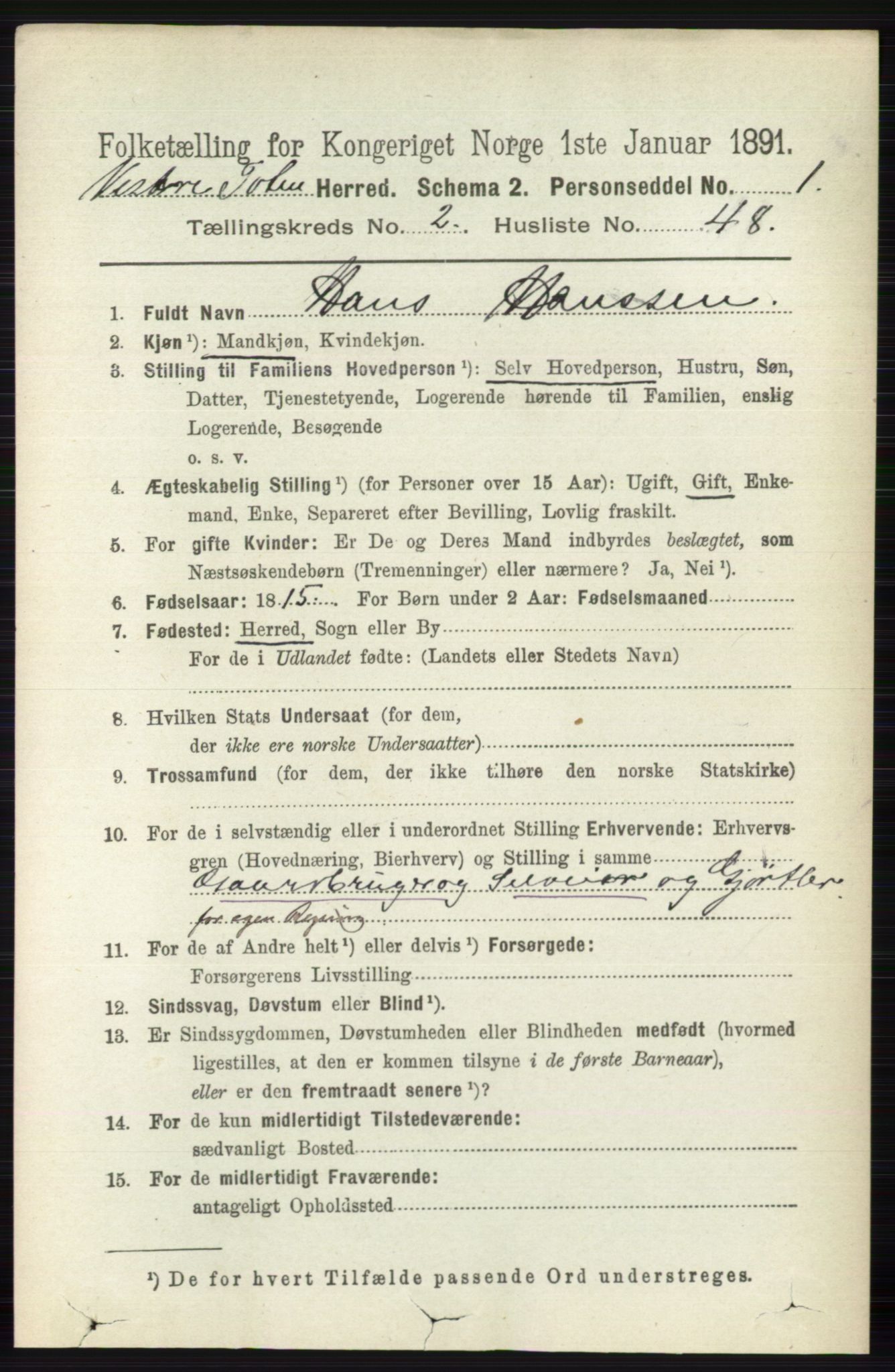 RA, 1891 census for 0529 Vestre Toten, 1891, p. 1708