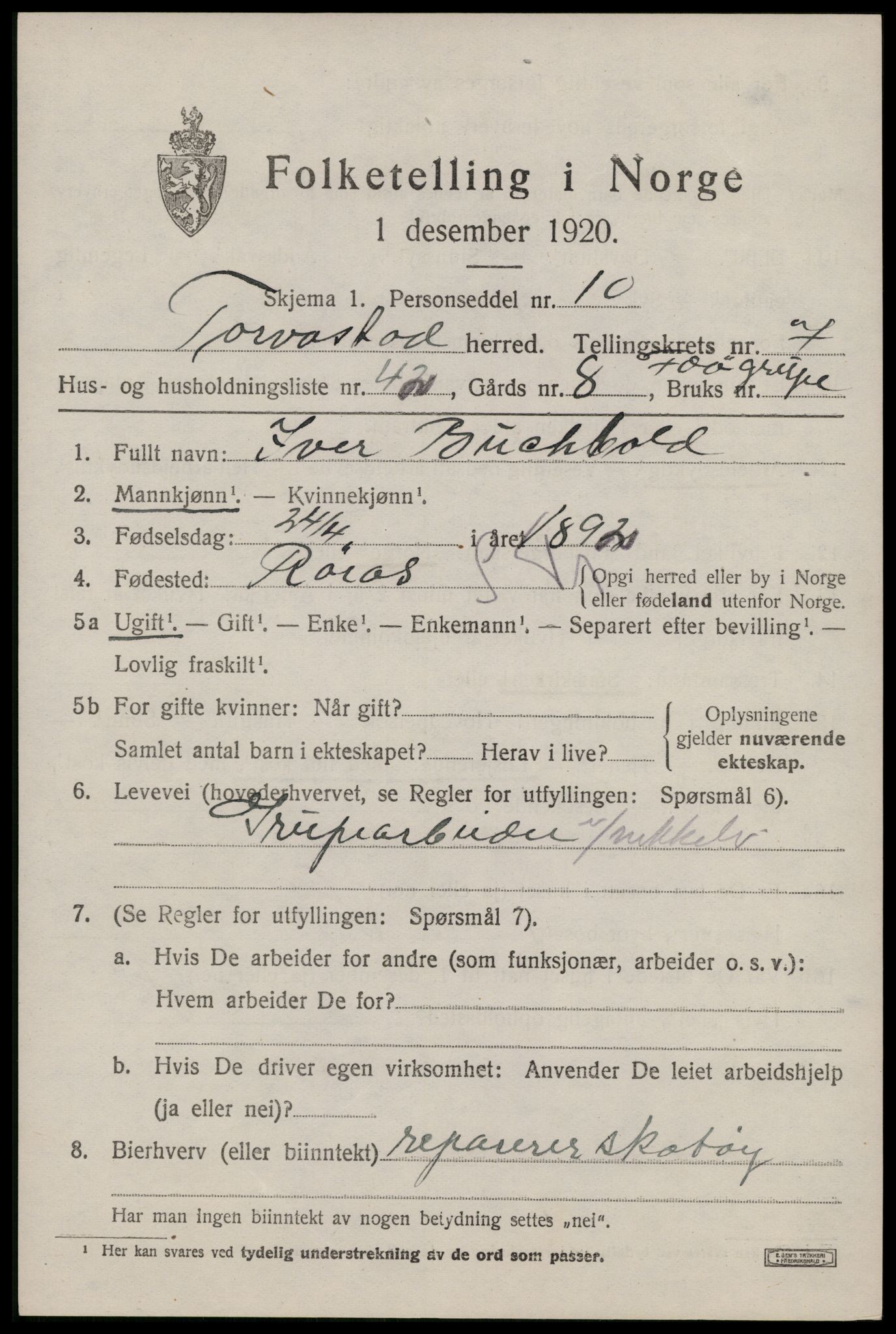 SAST, 1920 census for Torvastad, 1920, p. 5610