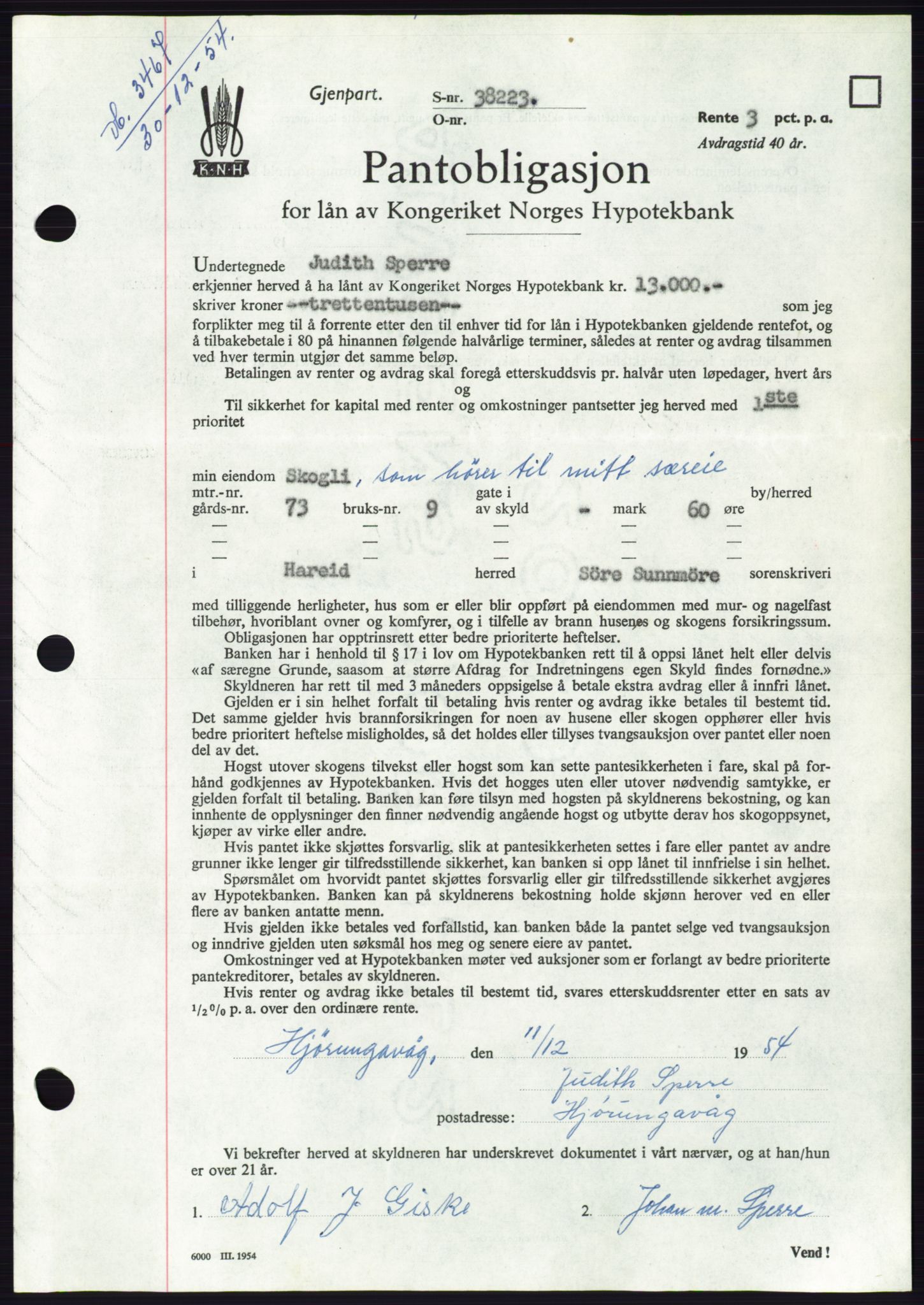 Søre Sunnmøre sorenskriveri, AV/SAT-A-4122/1/2/2C/L0126: Mortgage book no. 14B, 1954-1955, Diary no: : 3467/1954