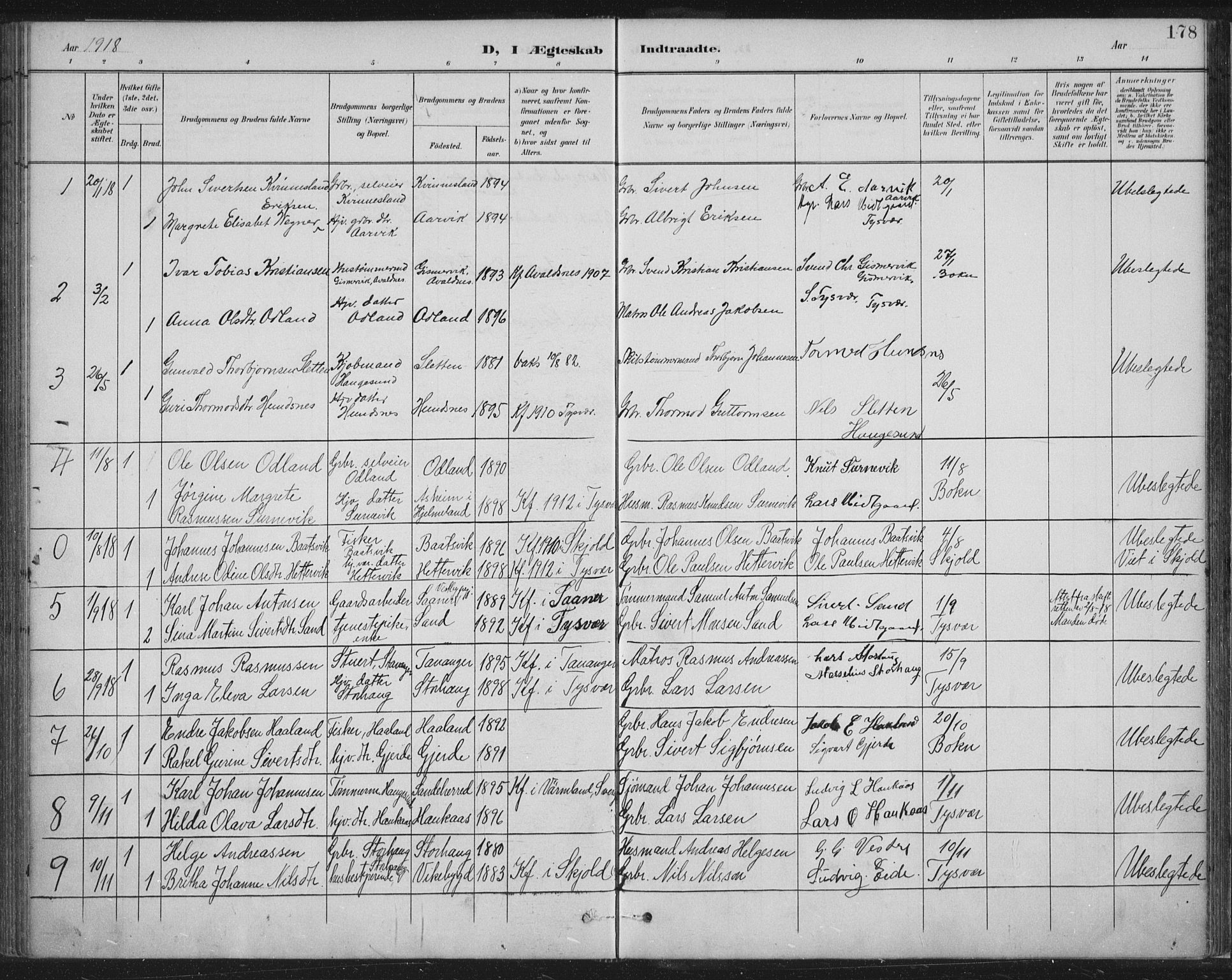 Tysvær sokneprestkontor, AV/SAST-A -101864/H/Ha/Haa/L0008: Parish register (official) no. A 8, 1897-1918, p. 178