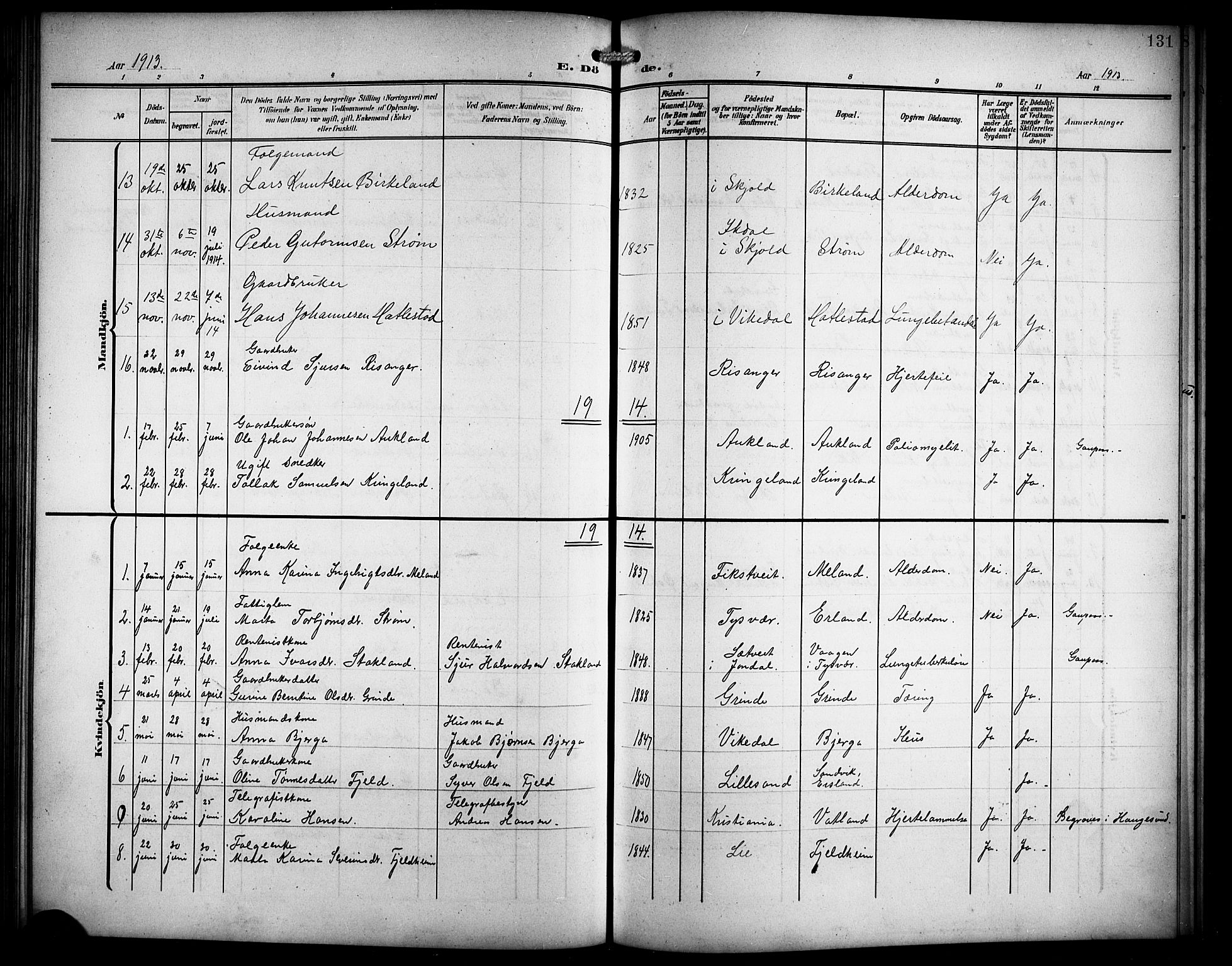 Skjold sokneprestkontor, AV/SAST-A-101847/H/Ha/Hab/L0008: Parish register (copy) no. B 8, 1906-1920, p. 131