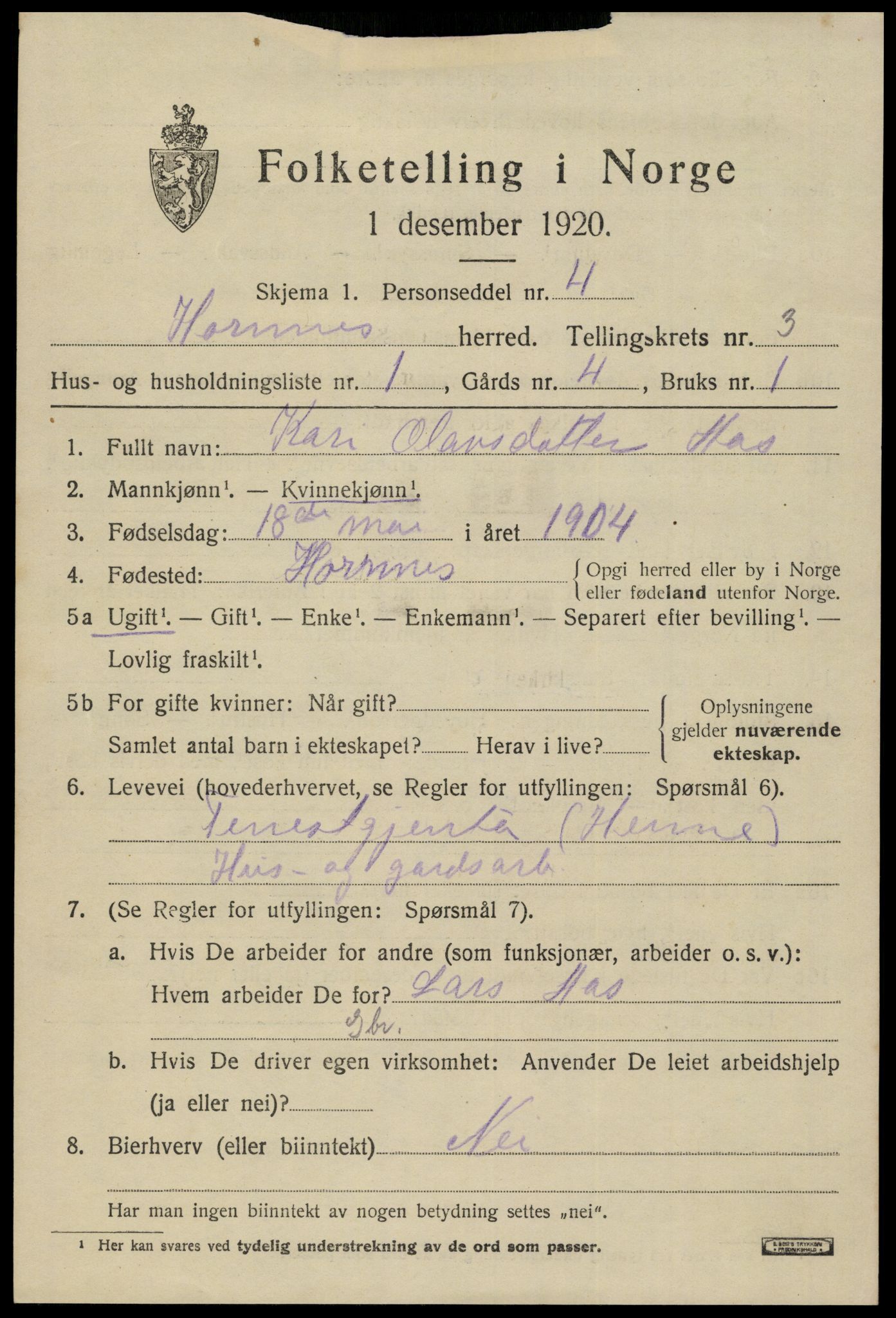 SAK, 1920 census for Hornnes, 1920, p. 809