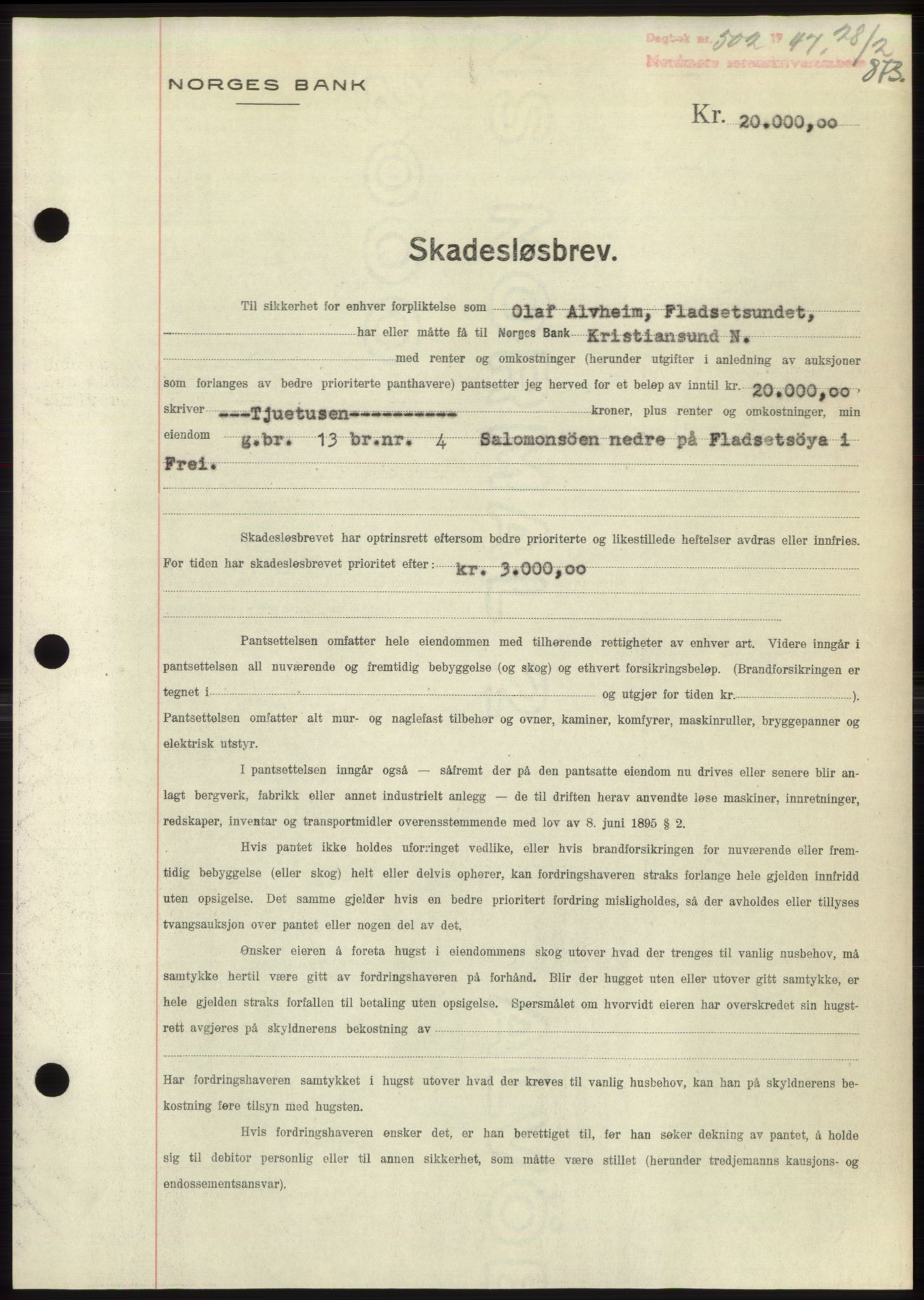 Nordmøre sorenskriveri, AV/SAT-A-4132/1/2/2Ca: Mortgage book no. B95, 1946-1947, Diary no: : 502/1947