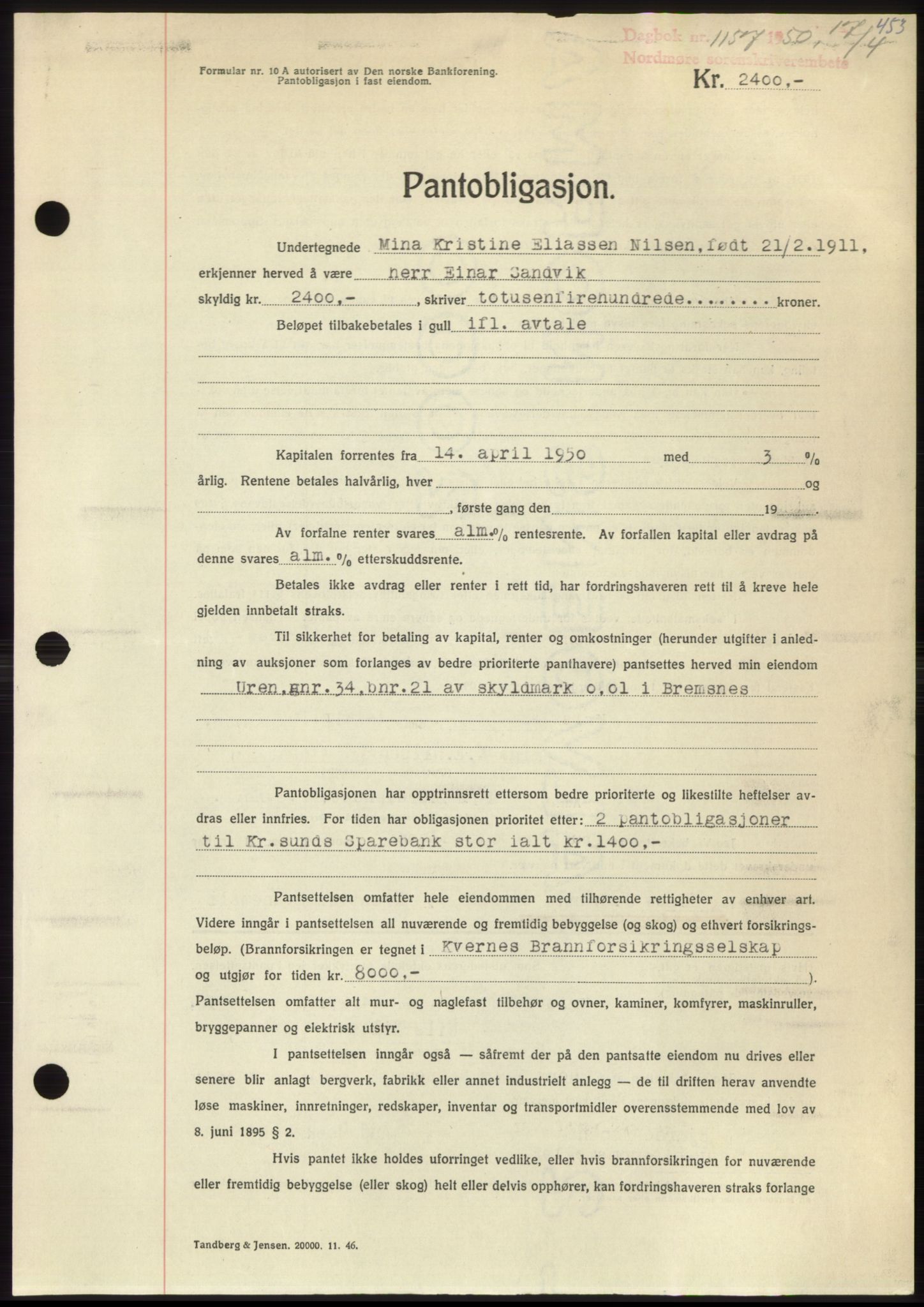 Nordmøre sorenskriveri, AV/SAT-A-4132/1/2/2Ca: Mortgage book no. B104, 1950-1950, Diary no: : 1157/1950