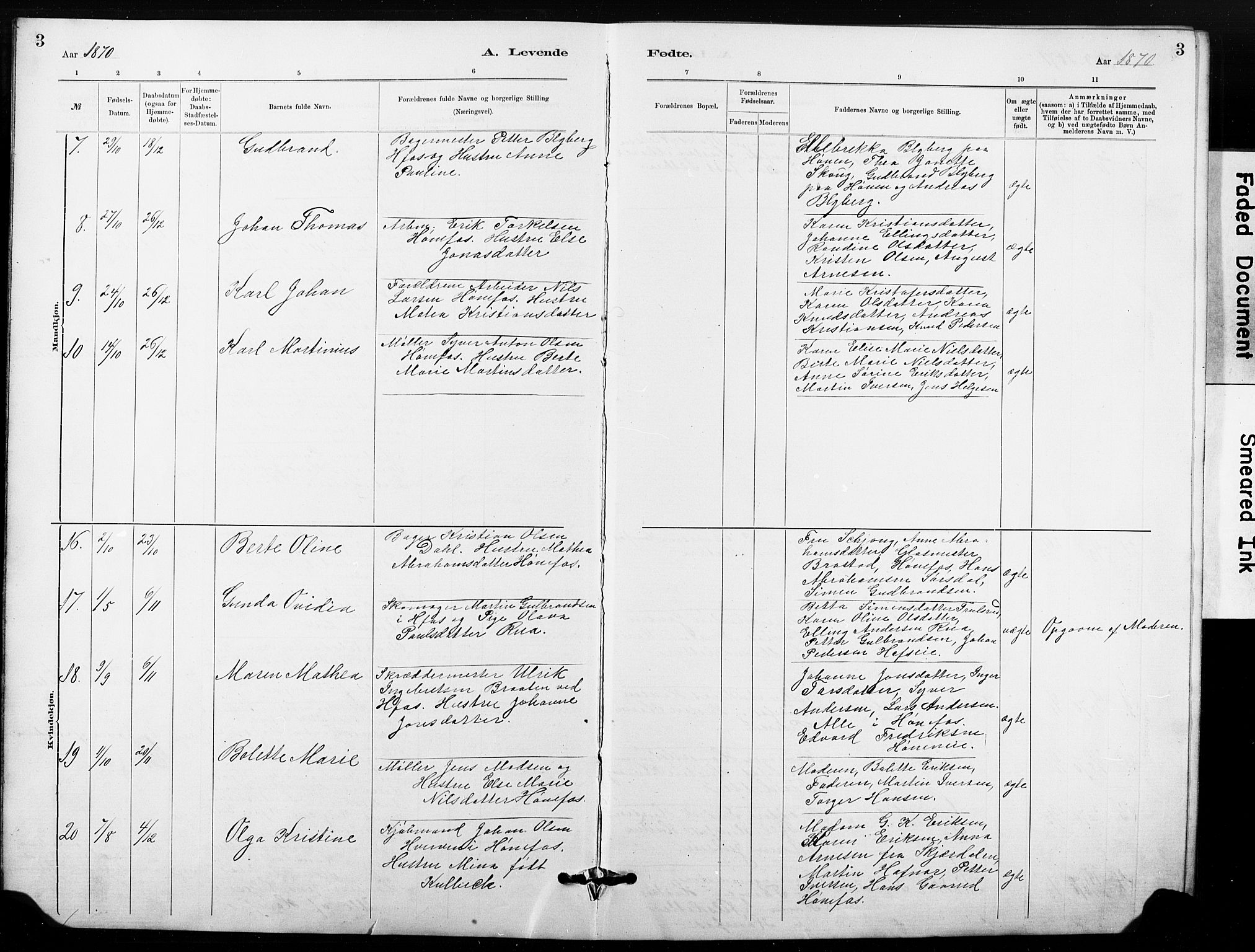 Hønefoss kirkebøker, AV/SAKO-A-609/G/Ga/L0001: Parish register (copy) no. 1, 1870-1887, p. 3