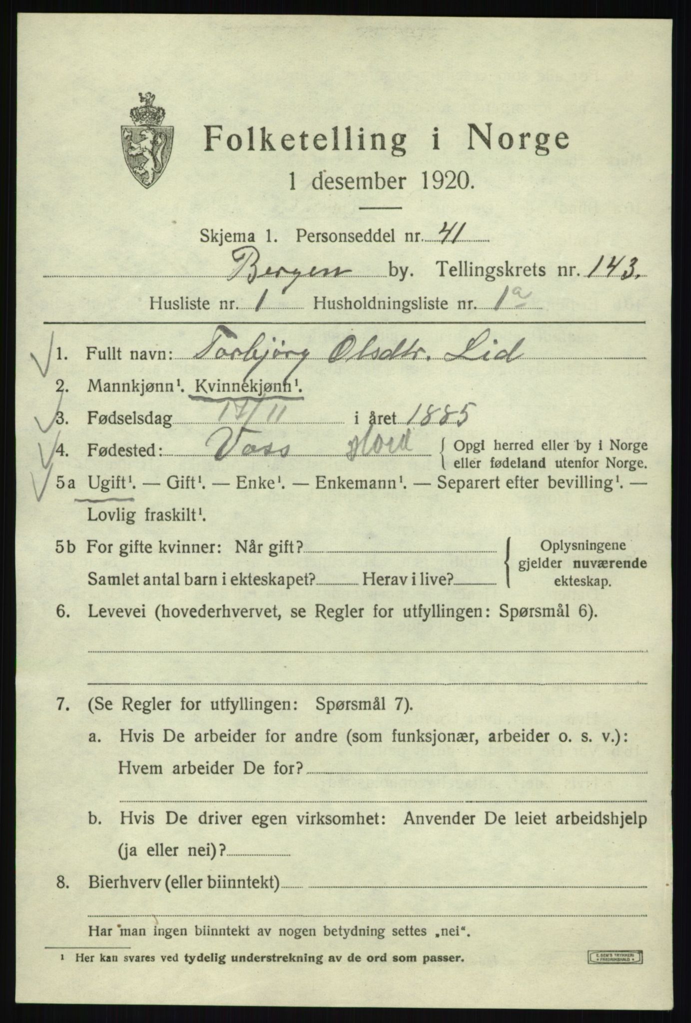 SAB, 1920 census for Bergen, 1920, p. 237936