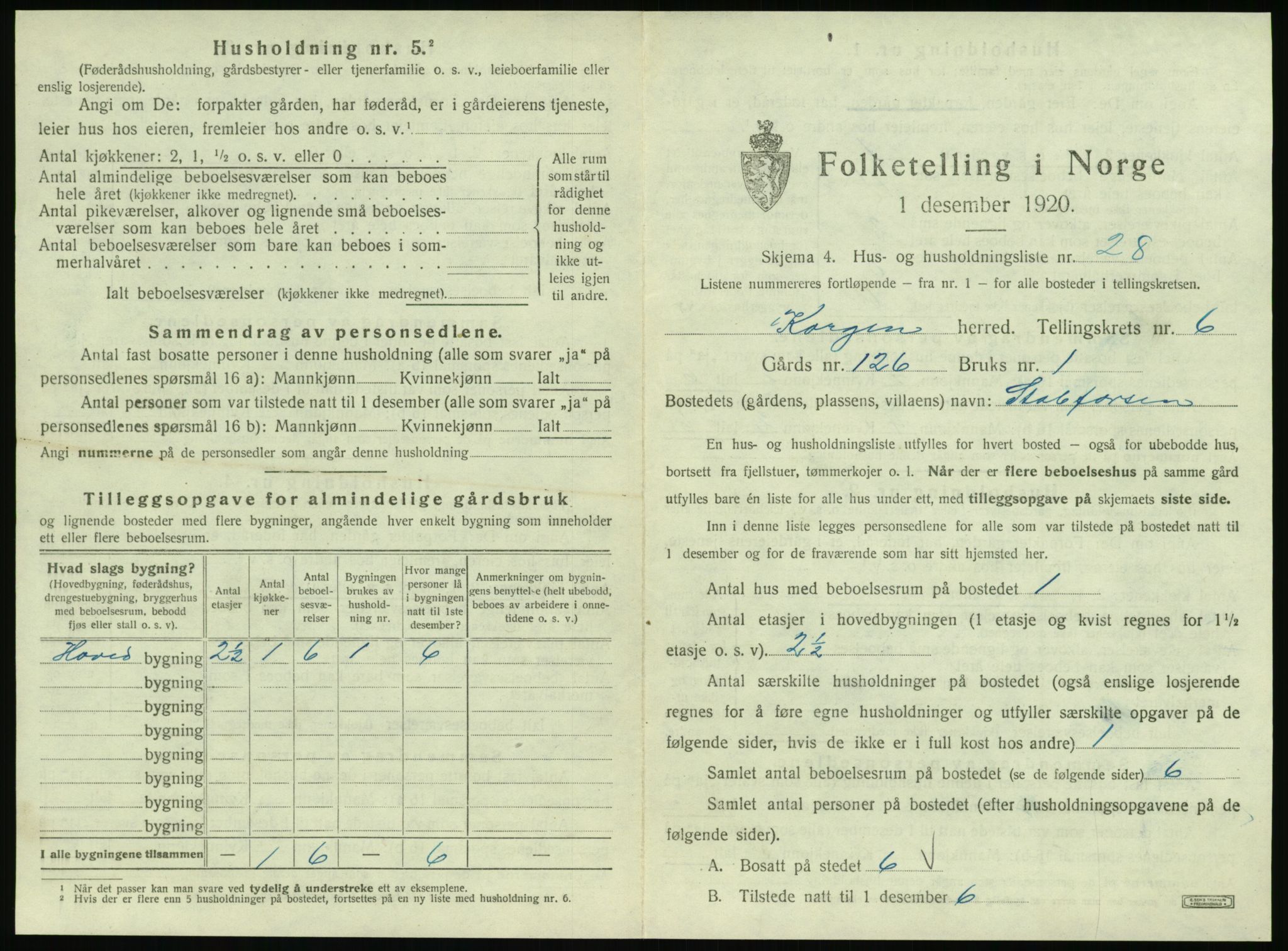 SAT, 1920 census for Korgen, 1920, p. 418