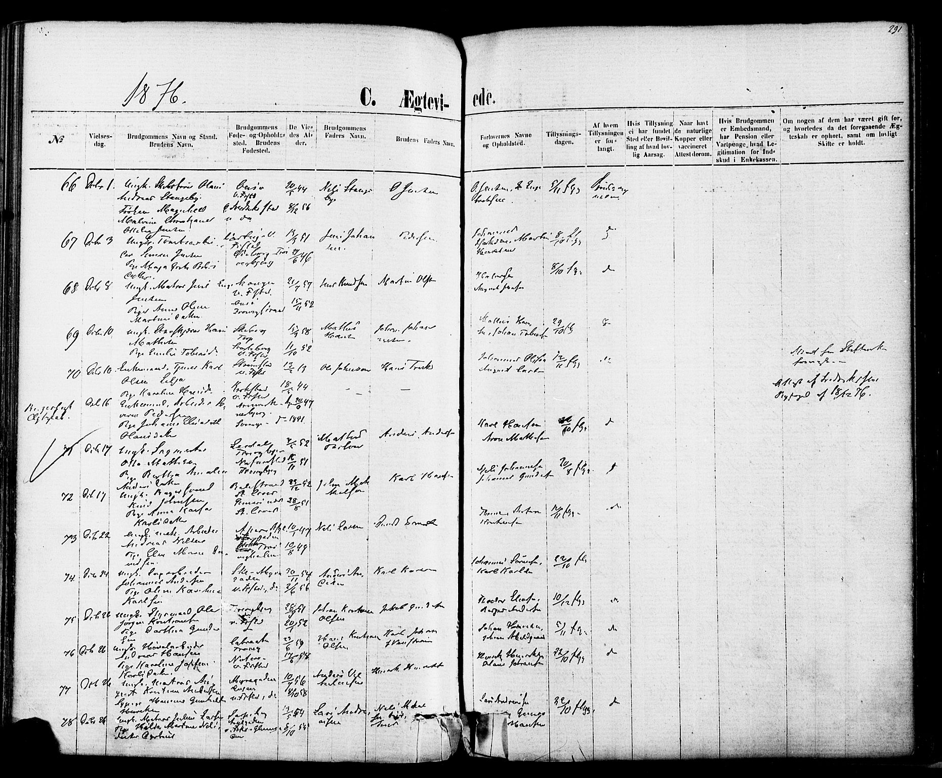 Fredrikstad domkirkes prestekontor Kirkebøker, AV/SAO-A-10906/F/Fa/L0001: Parish register (official) no. 1, 1871-1878, p. 291