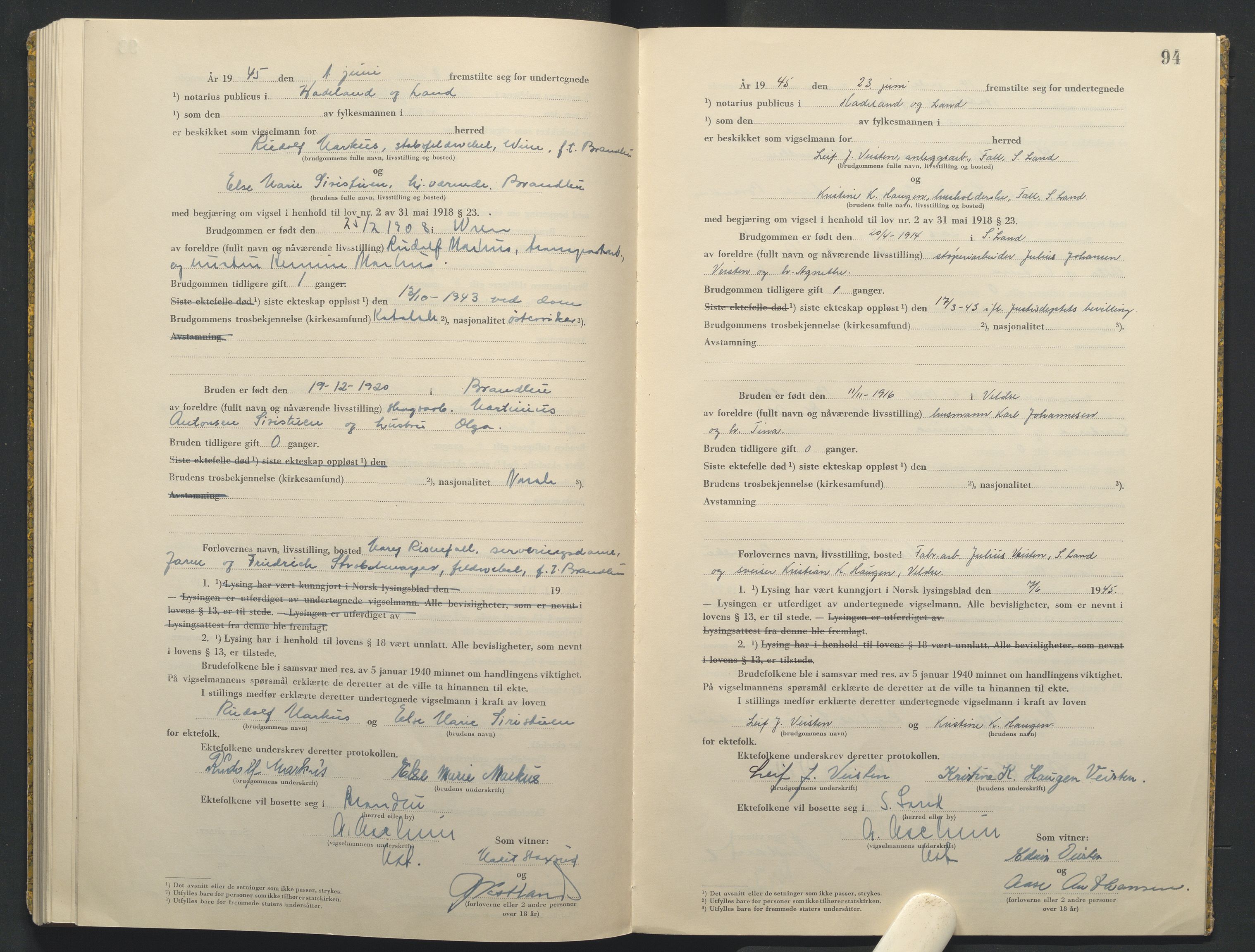 Hadeland og Land tingrett, AV/SAH-TING-010/L/Lb/L0003: Vigselbok, 1944-1946, p. 94