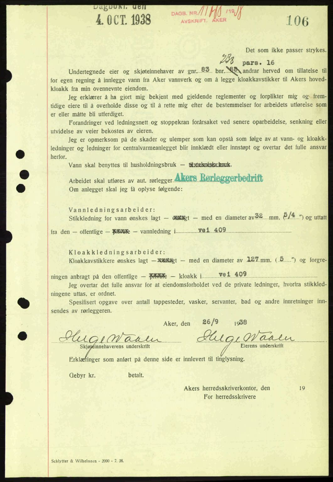 Aker herredsskriveri, SAO/A-10896/G/Gb/Gba/Gbab/L0025: Mortgage book no. A154-155, 1938-1938, Diary no: : 11788/1938
