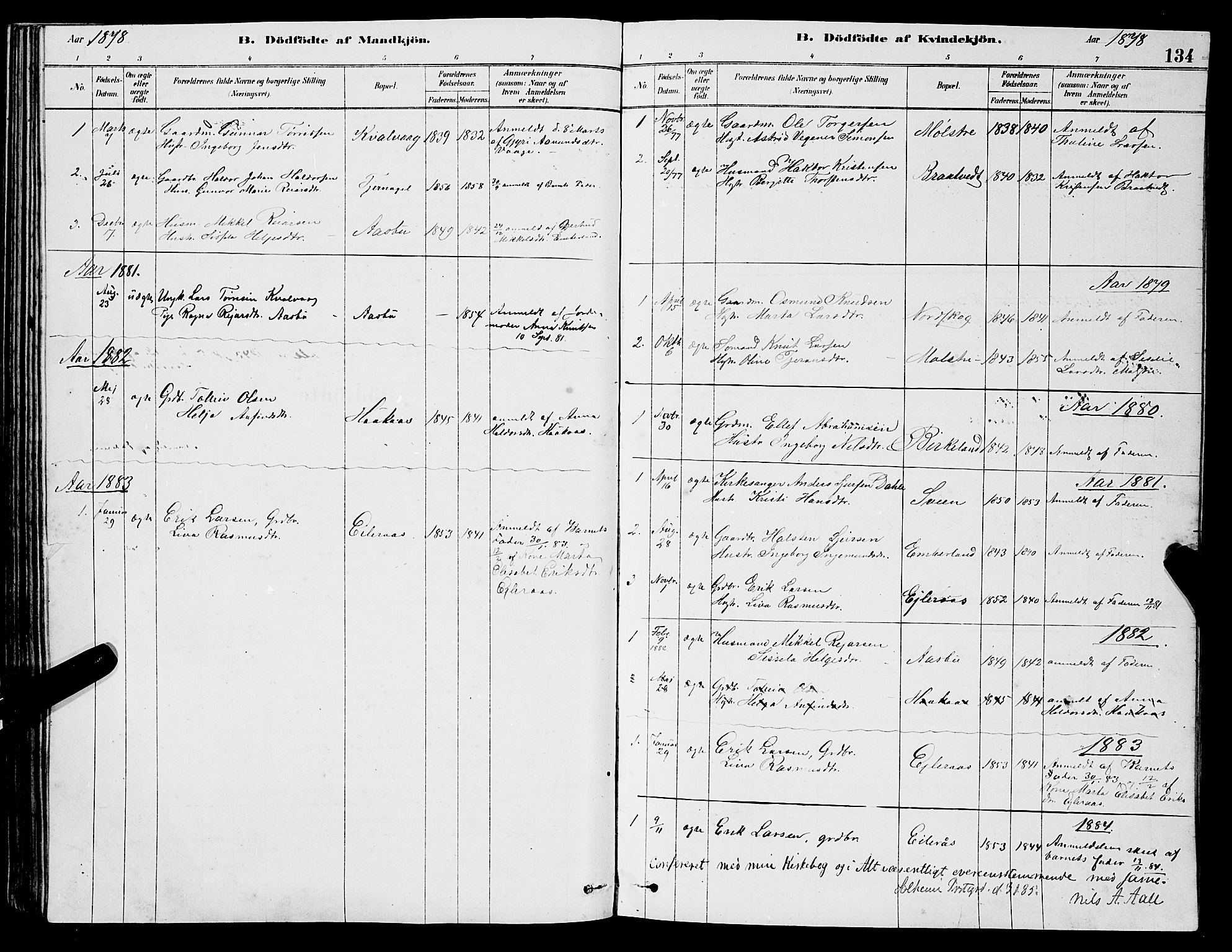 Sveio Sokneprestembete, SAB/A-78501/H/Hab: Parish register (copy) no. A 3, 1878-1896, p. 134