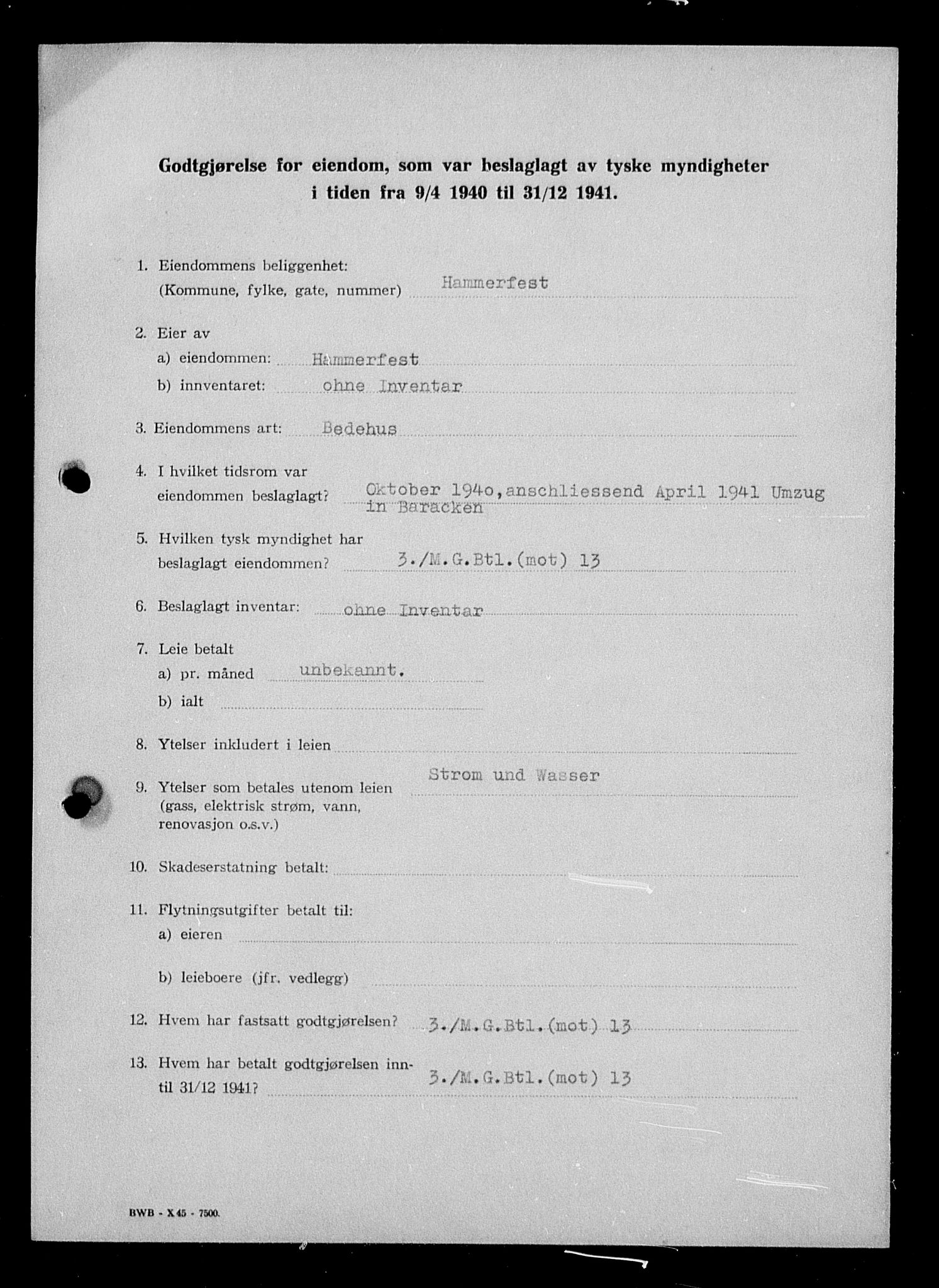 Justisdepartementet, Tilbakeføringskontoret for inndratte formuer, AV/RA-S-1564/I/L1019: Godtgjørelse for beslaglagt eiendom, 1940-1941, p. 129