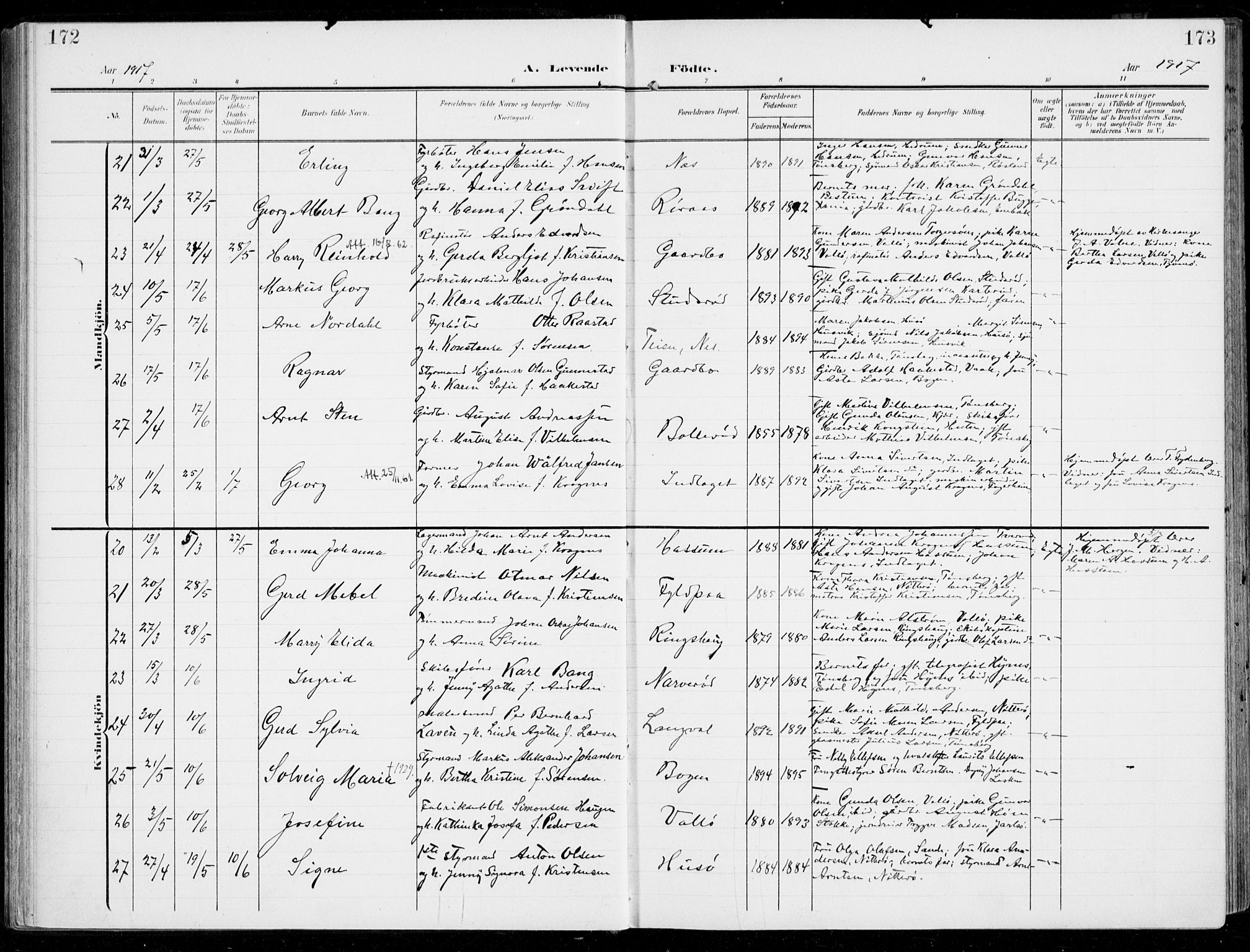 Sem kirkebøker, SAKO/A-5/F/Fb/L0006: Parish register (official) no. II 6, 1905-1918, p. 172-173