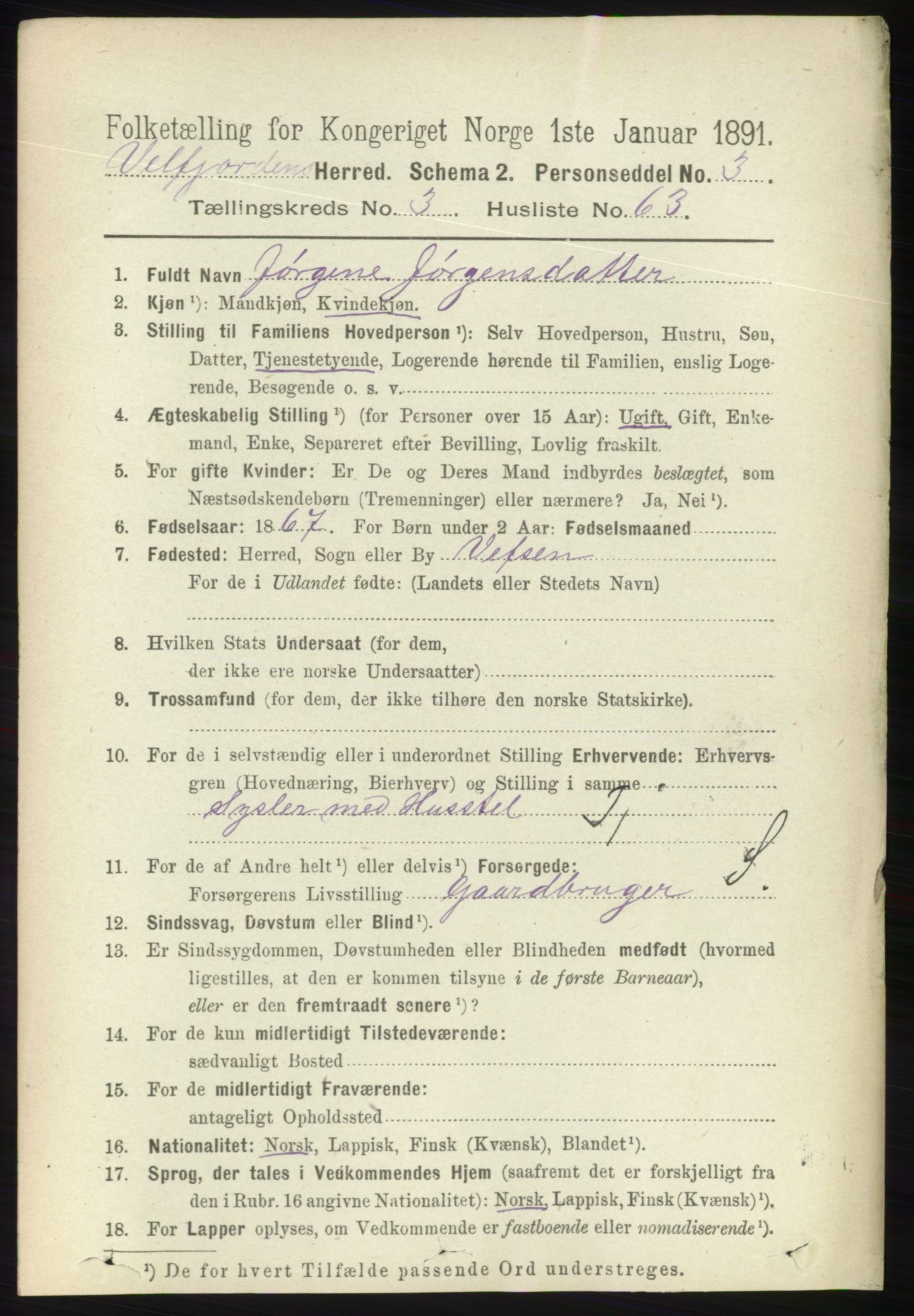 RA, 1891 census for 1813 Velfjord, 1891, p. 1453