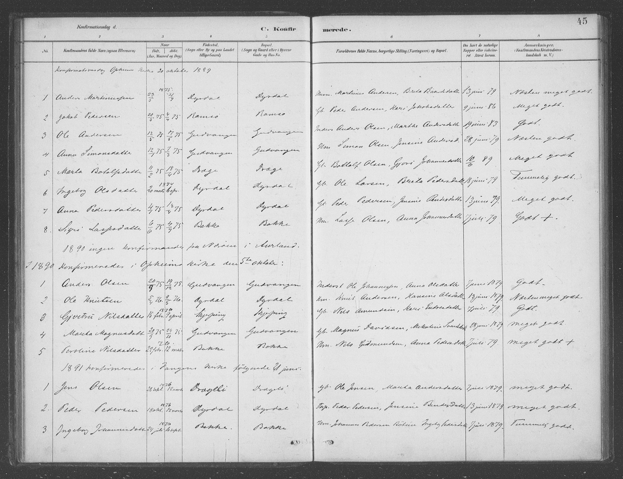Aurland sokneprestembete, SAB/A-99937/H/Ha/Had/L0001: Parish register (official) no. D  1, 1880-1903, p. 45