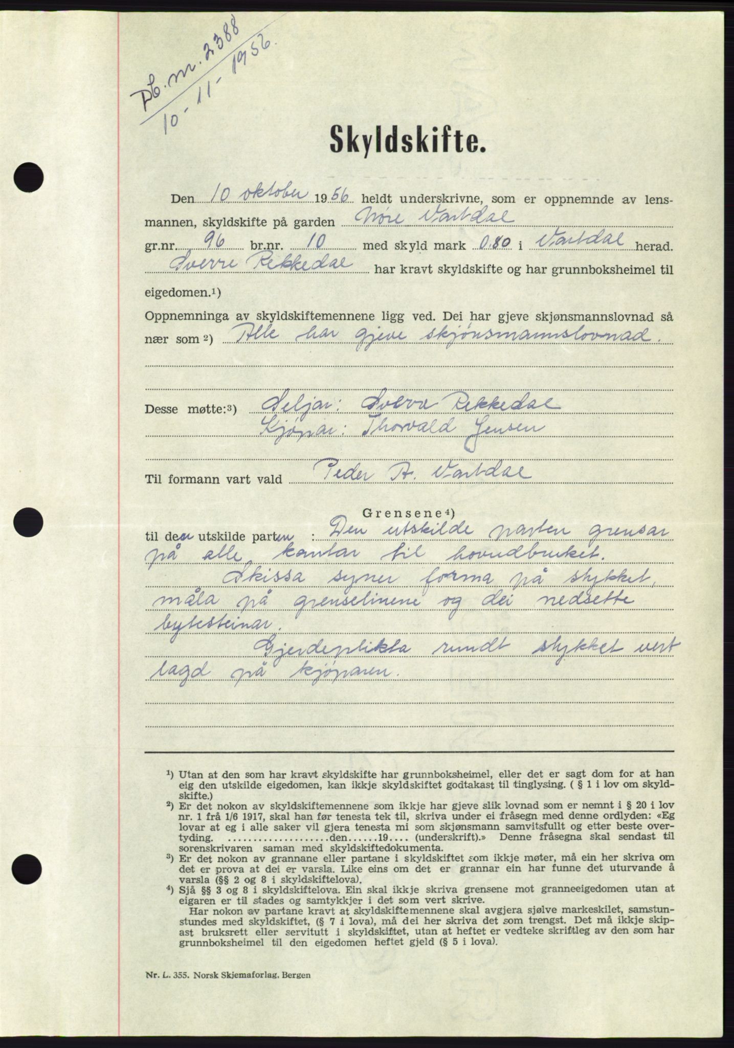 Søre Sunnmøre sorenskriveri, AV/SAT-A-4122/1/2/2C/L0104: Mortgage book no. 30A, 1956-1956, Diary no: : 2388/1956