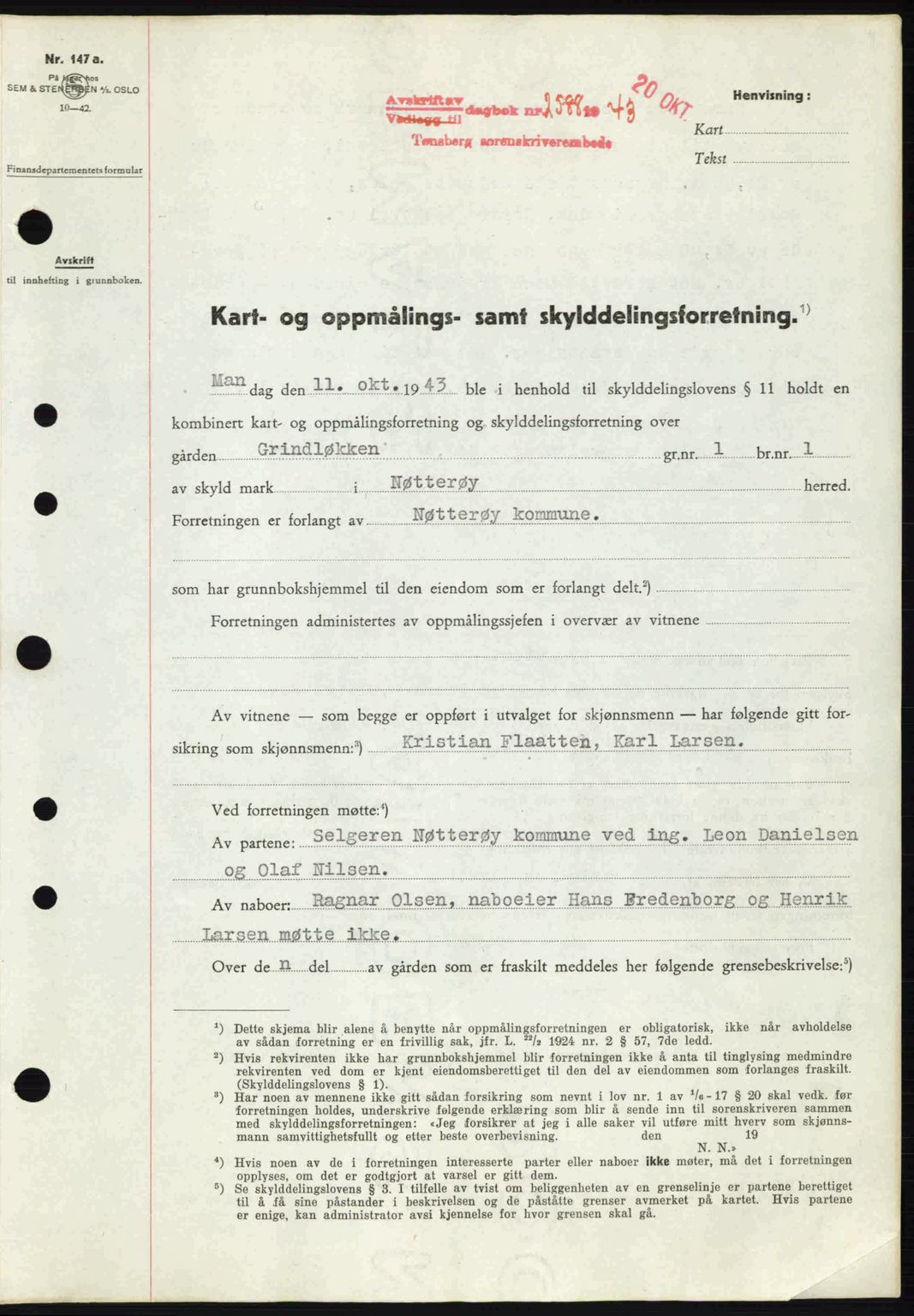 Tønsberg sorenskriveri, AV/SAKO-A-130/G/Ga/Gaa/L0014: Mortgage book no. A14, 1943-1944, Diary no: : 2588/1943