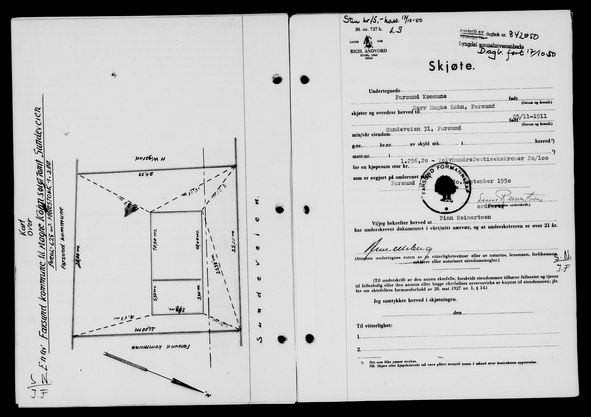 Lyngdal sorenskriveri, AV/SAK-1221-0004/G/Gb/L0665: Mortgage book no. A XI, 1950-1950, Diary no: : 842/1950