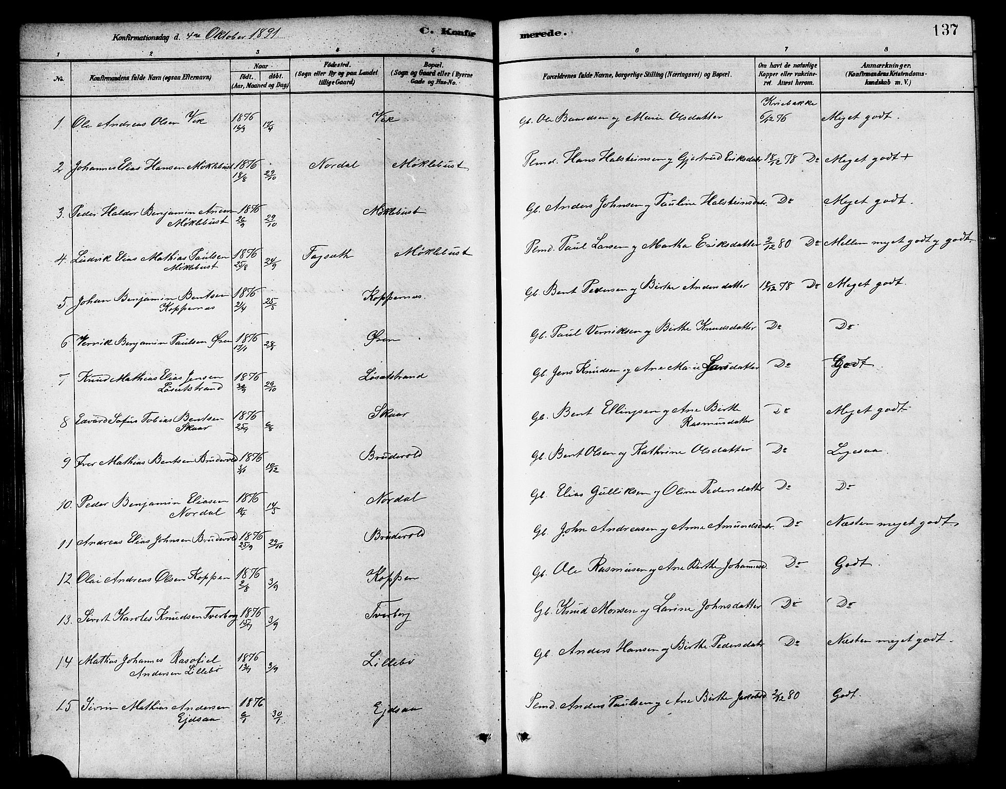 Ministerialprotokoller, klokkerbøker og fødselsregistre - Møre og Romsdal, AV/SAT-A-1454/502/L0027: Parish register (copy) no. 502C01, 1878-1908, p. 137