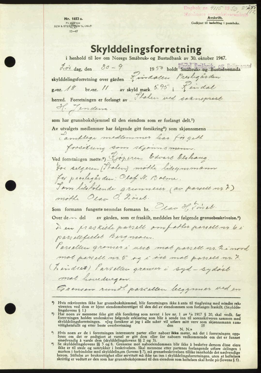 Nordmøre sorenskriveri, AV/SAT-A-4132/1/2/2Ca: Mortgage book no. A117, 1950-1950, Diary no: : 4115/1950