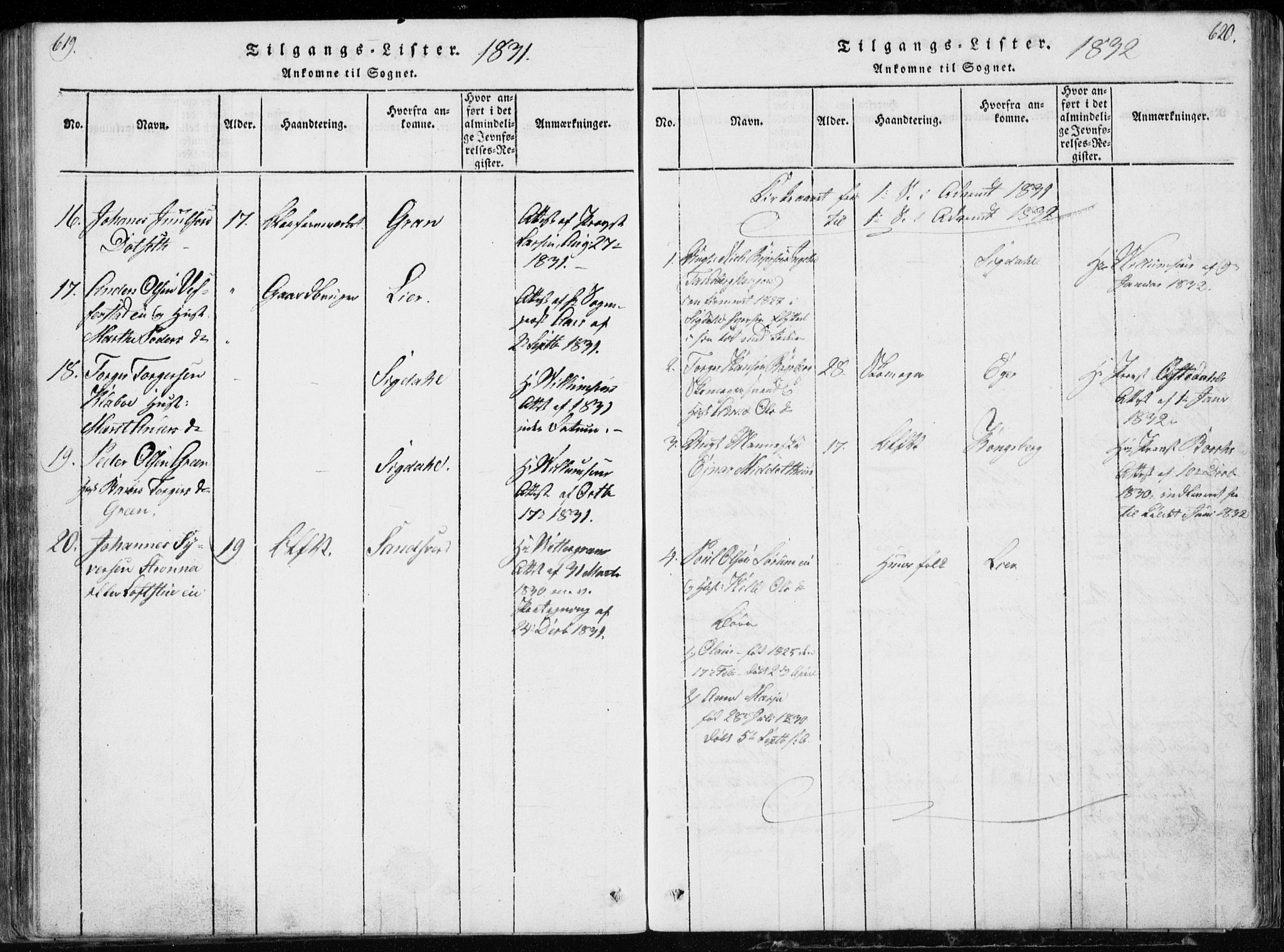 Modum kirkebøker, AV/SAKO-A-234/G/Ga/L0002: Parish register (copy) no. I 2, 1824-1832, p. 619-620