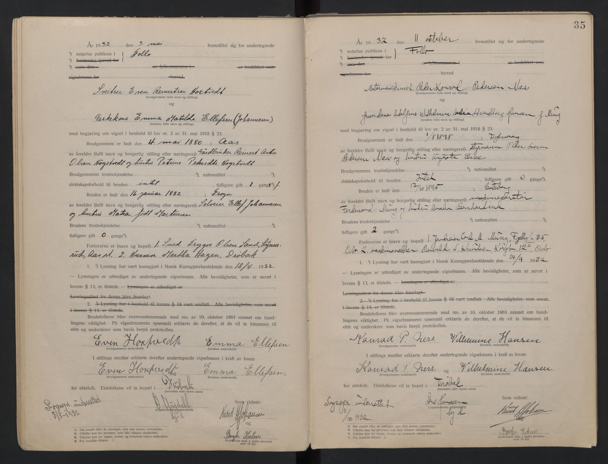 Follo sorenskriveri, AV/SAO-A-10274/L/La/Lab/L0001: Vigselsbok, 1920-1942, p. 35