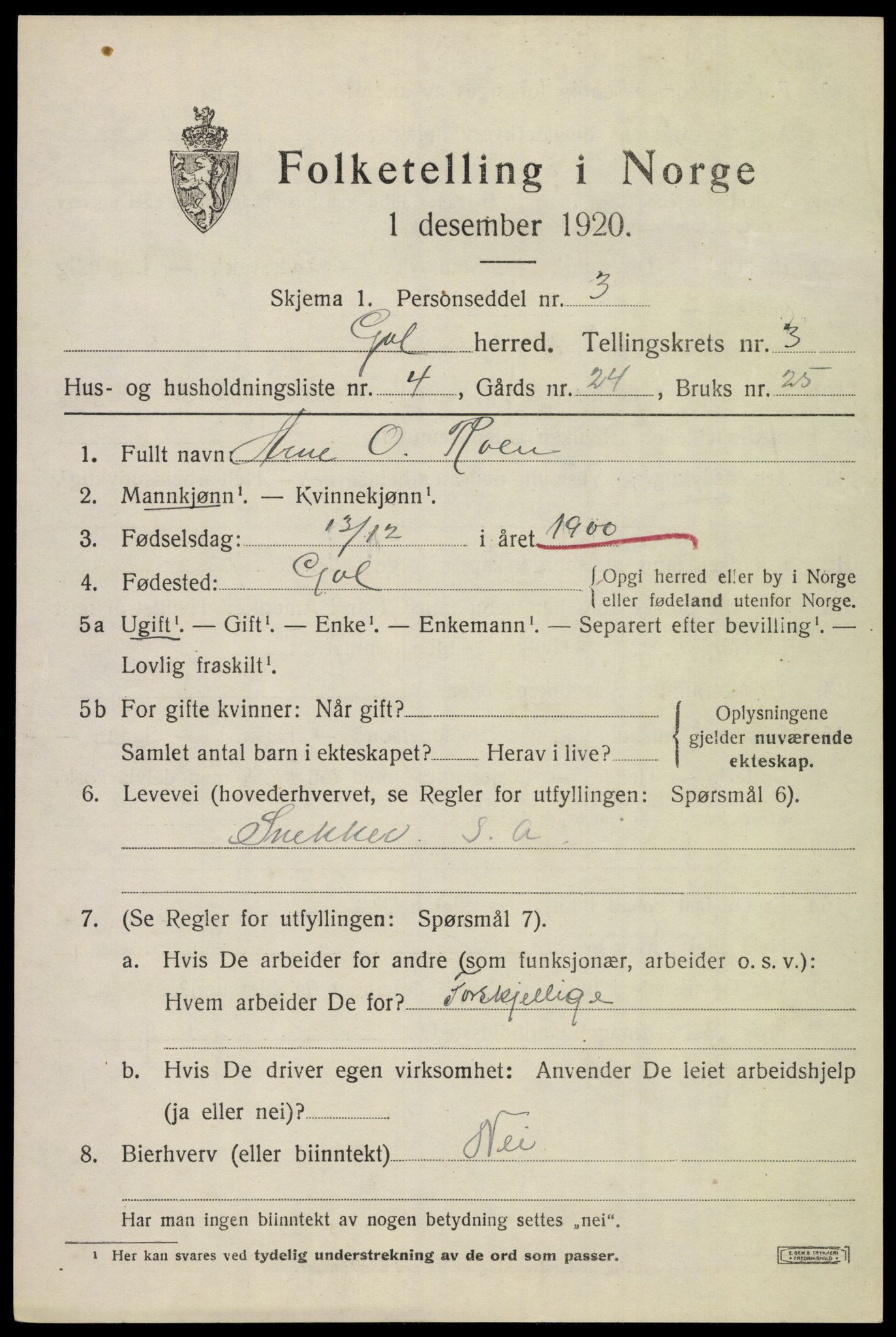 SAKO, 1920 census for Gol, 1920, p. 2226