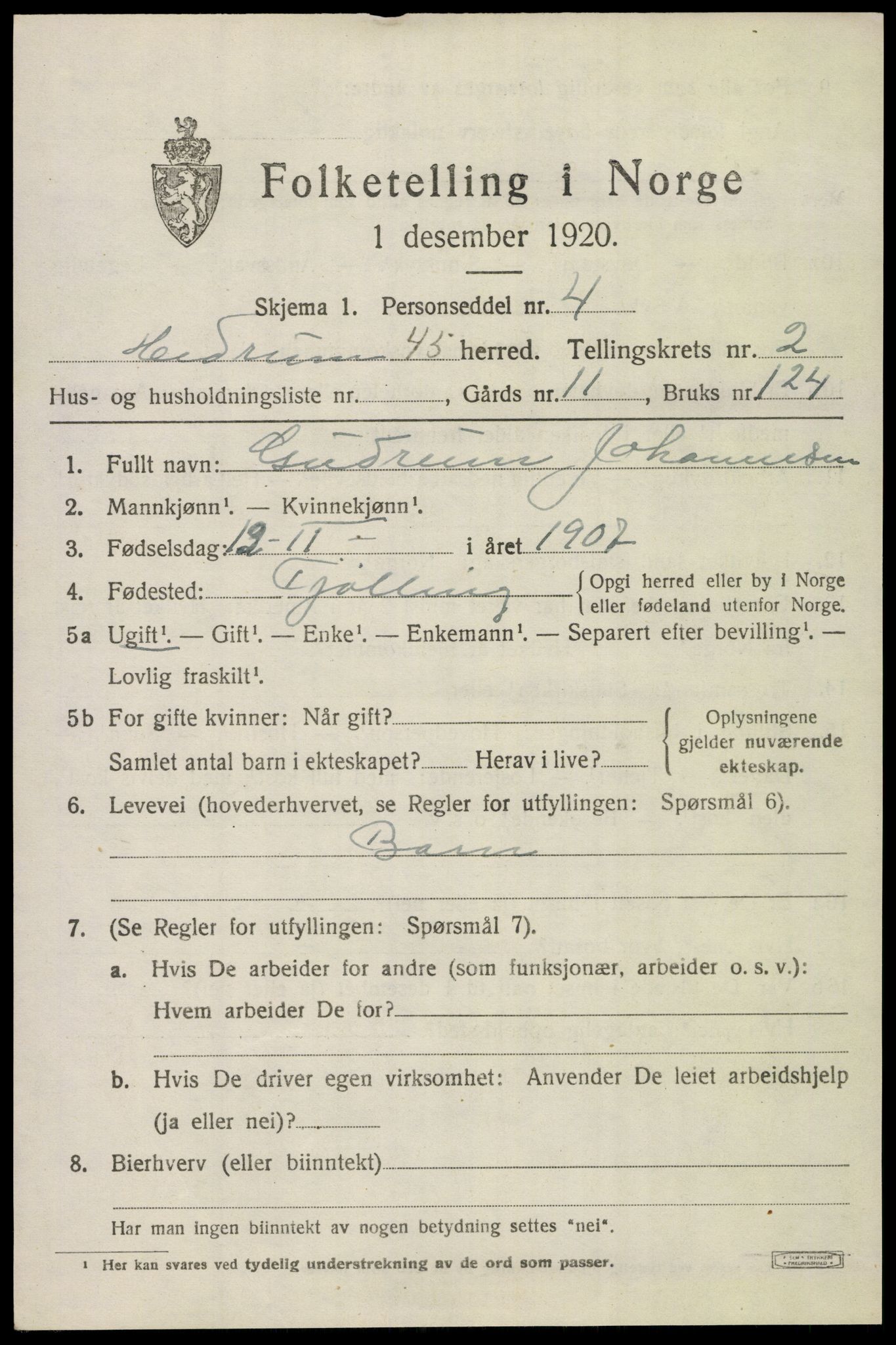 SAKO, 1920 census for Hedrum, 1920, p. 3031