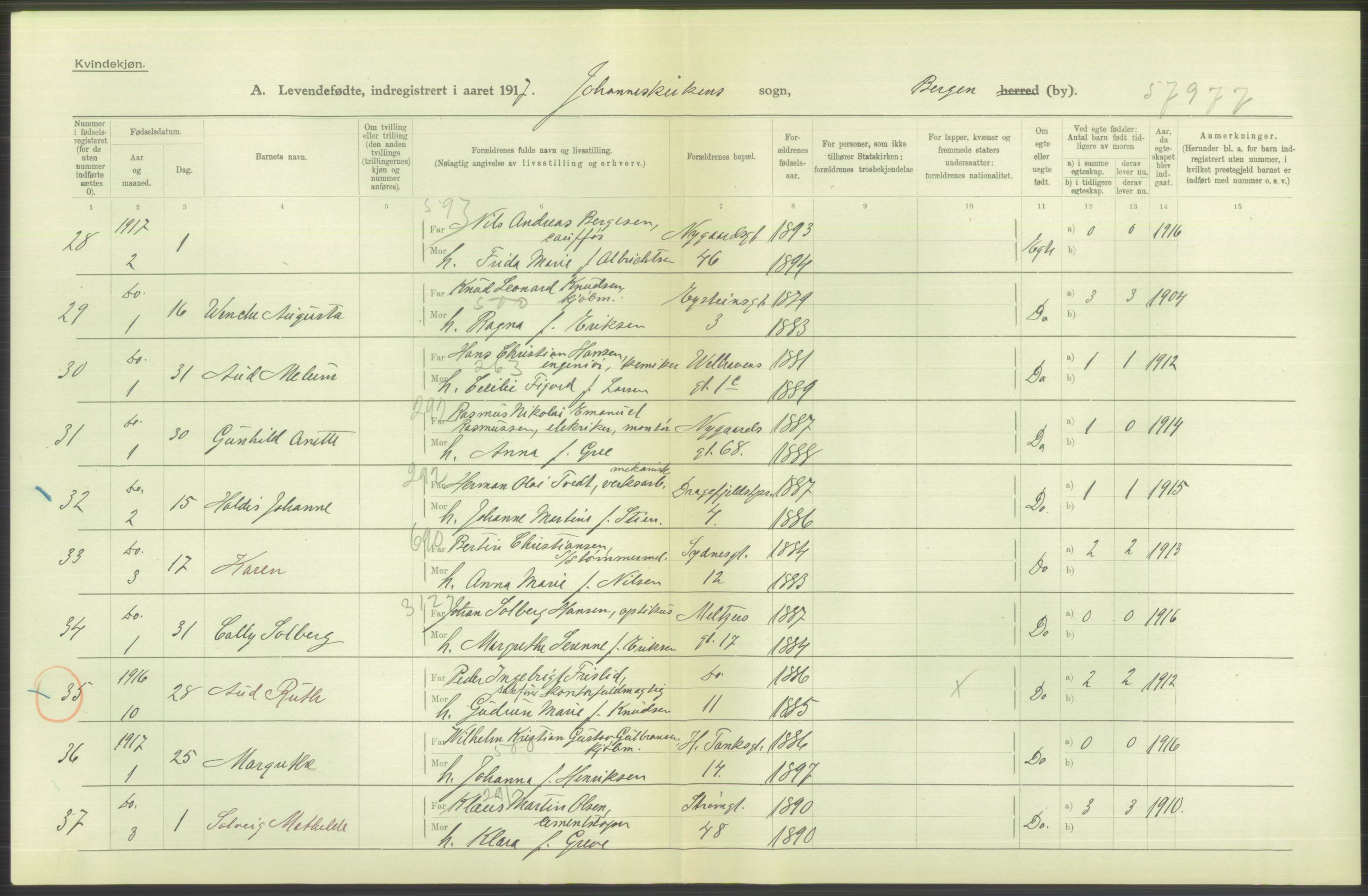 Statistisk sentralbyrå, Sosiodemografiske emner, Befolkning, AV/RA-S-2228/D/Df/Dfb/Dfbg/L0037: Bergen: Levendefødte menn og kvinner., 1917, p. 214