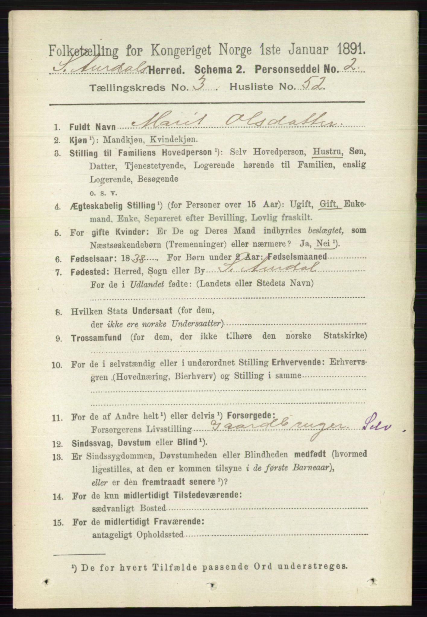 RA, 1891 census for 0540 Sør-Aurdal, 1891, p. 1993