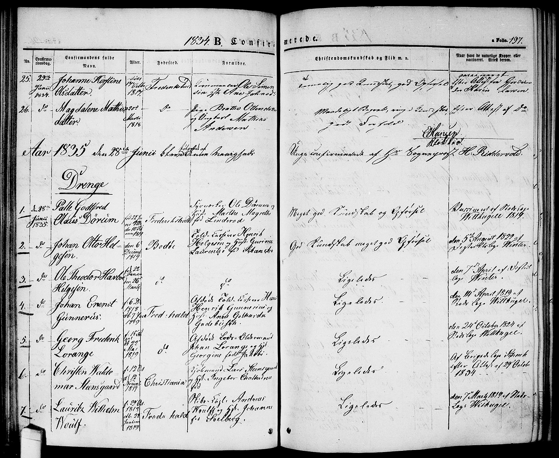 Halden prestekontor Kirkebøker, AV/SAO-A-10909/G/Ga/L0003: Parish register (copy) no. 3, 1834-1844, p. 197